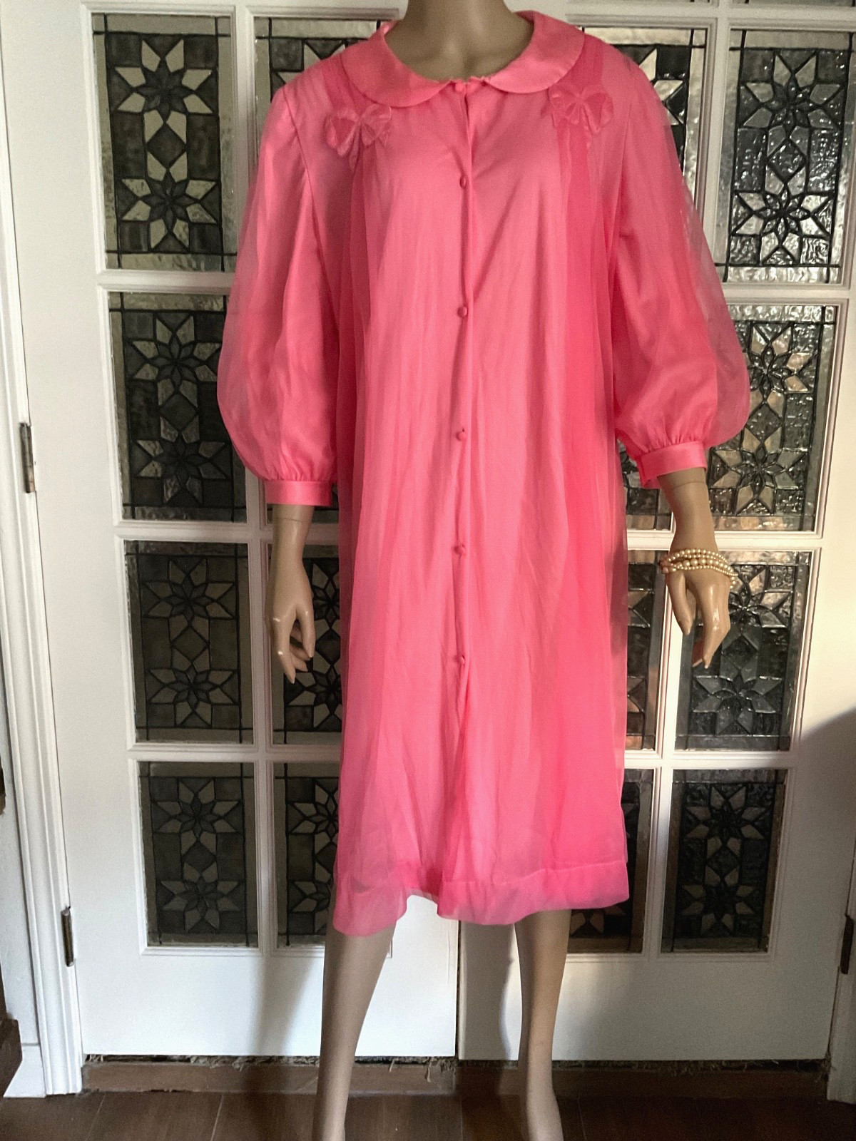 Vintage Robe Dressing Gown Double Layer Sheer Pink Nylon Chiffon Peignoir Robe M