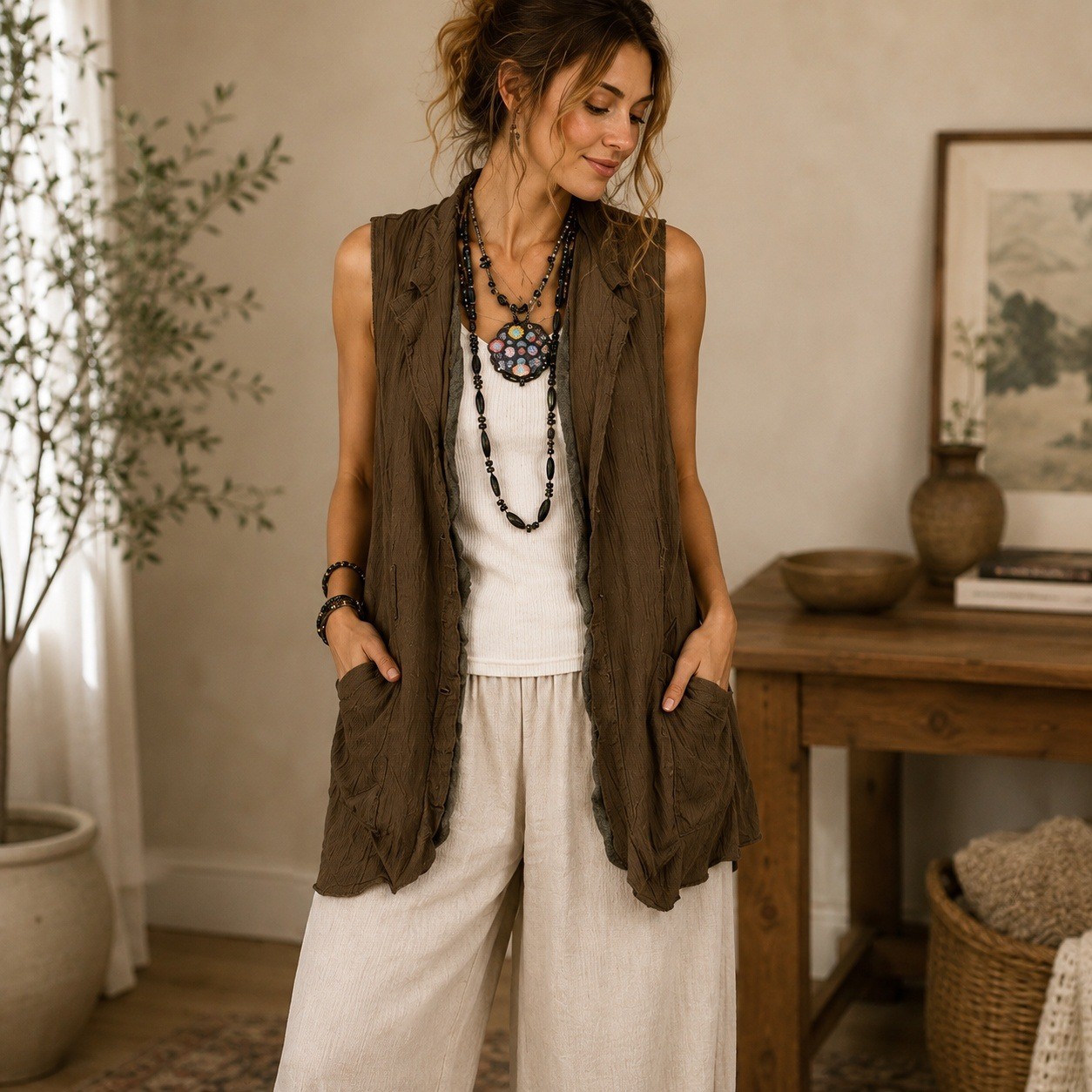 Vintage 90s Ellen Ashley Brown Crinkle Vest Long Boho Lagenlook Artsy Layering L