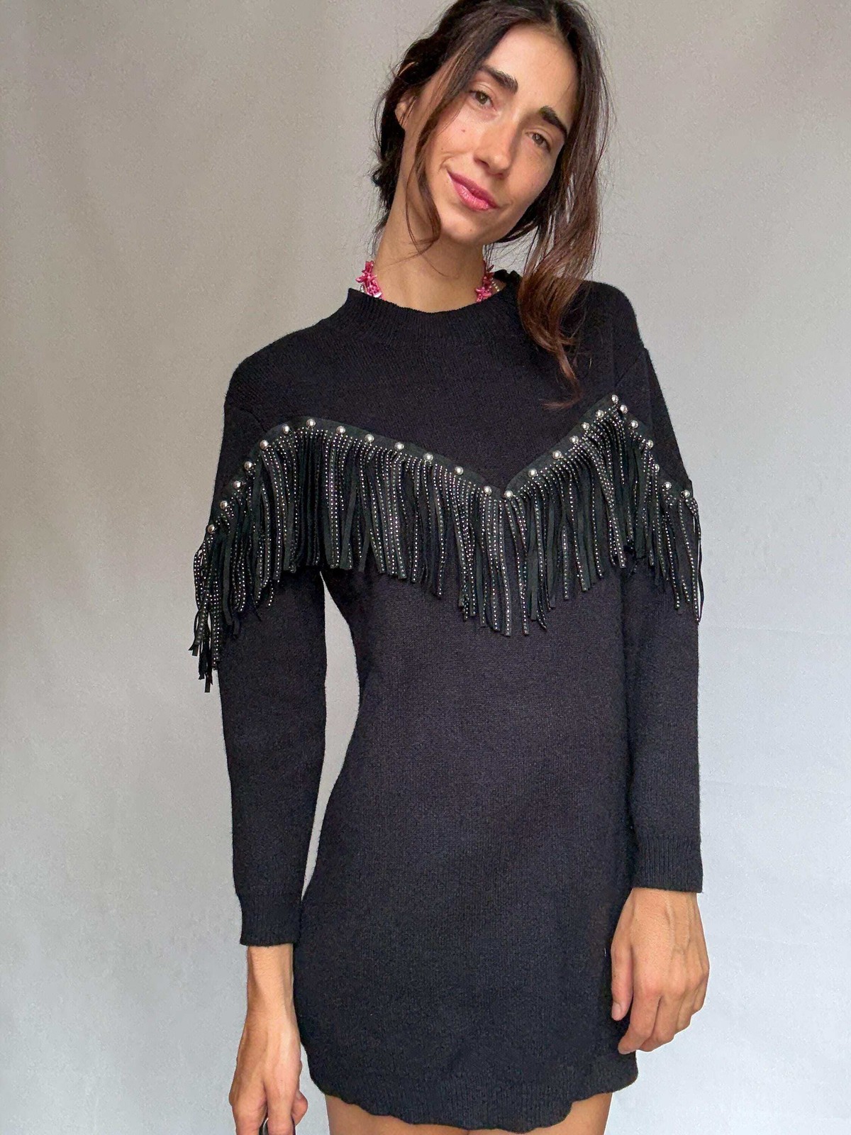 Western black mini dress, Embellished fringe short spring dress, Retro 90s vinta