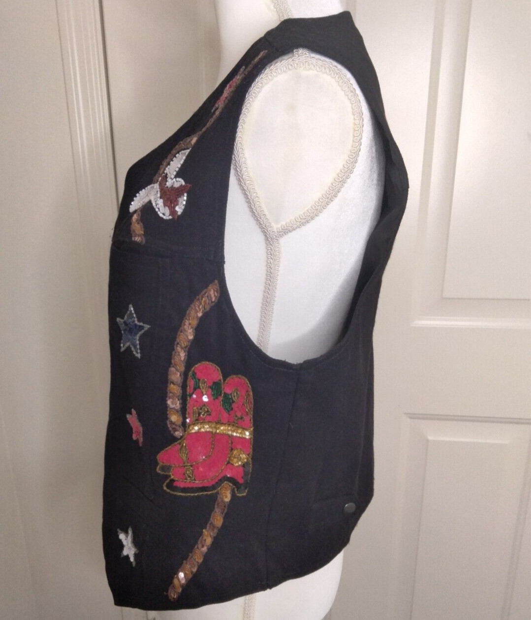 Modi Black Denim with Western Sequin Boots Cowboy Hat Stars Vest Size Medium