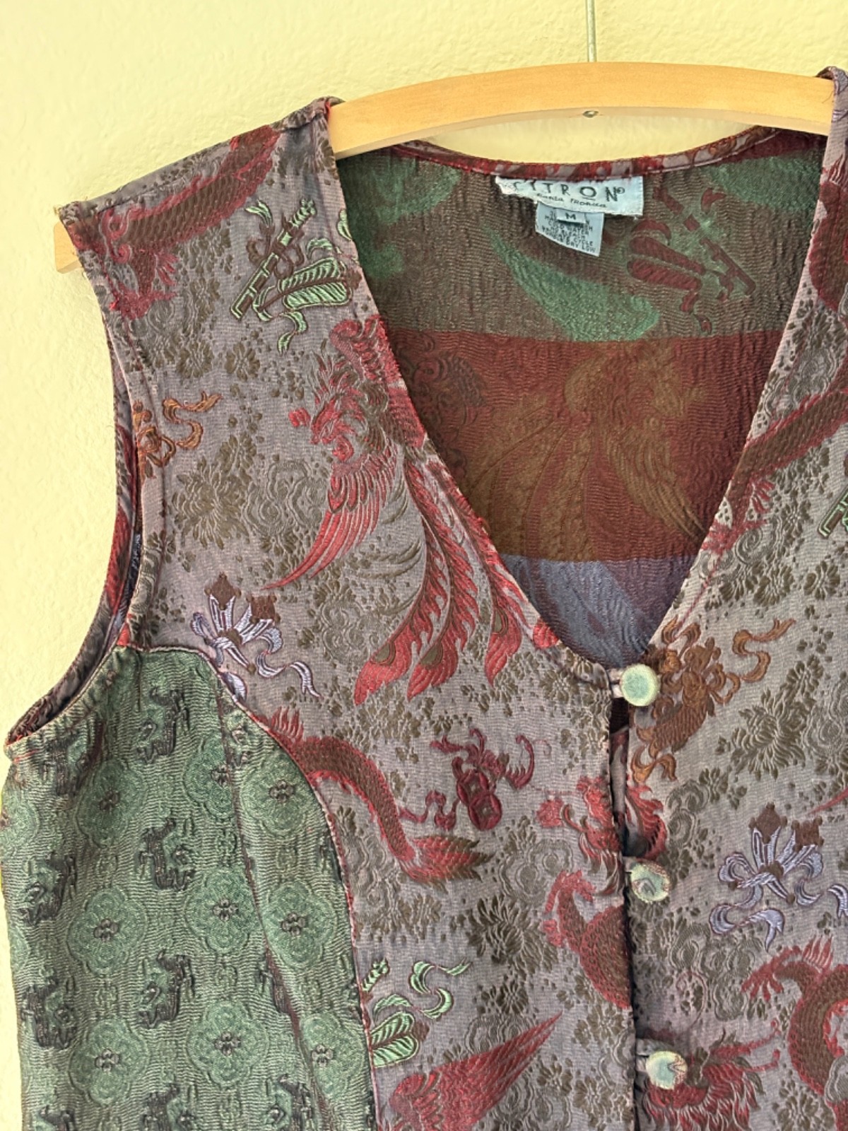 Vintage 90s Y2k Silk Artisan Patchwork Citron Santa Monica Vest M Boho Jacquard