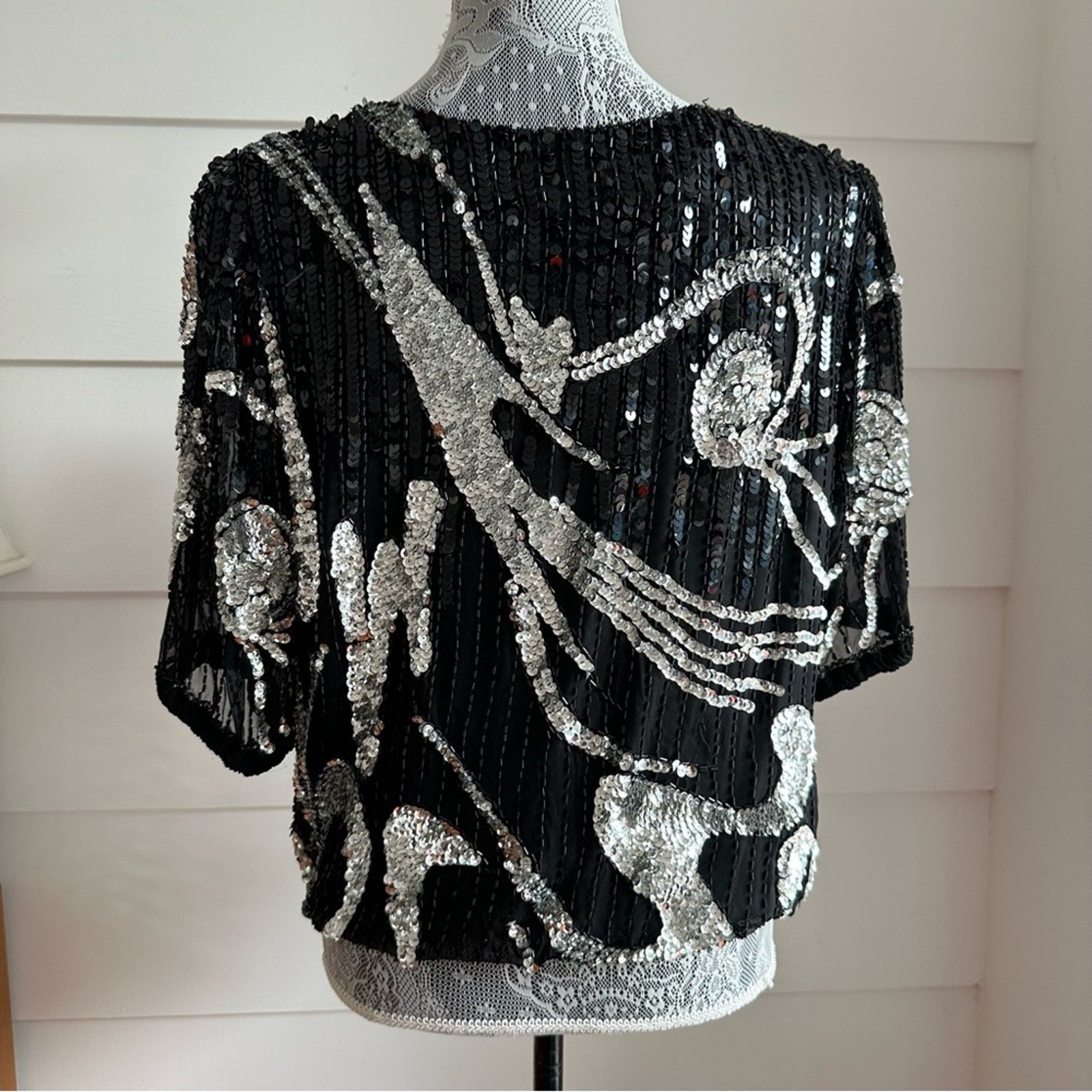 Vintage Oleg Cassini Silk Sequin and Beaded Blouse Holiday Party Festive Glam