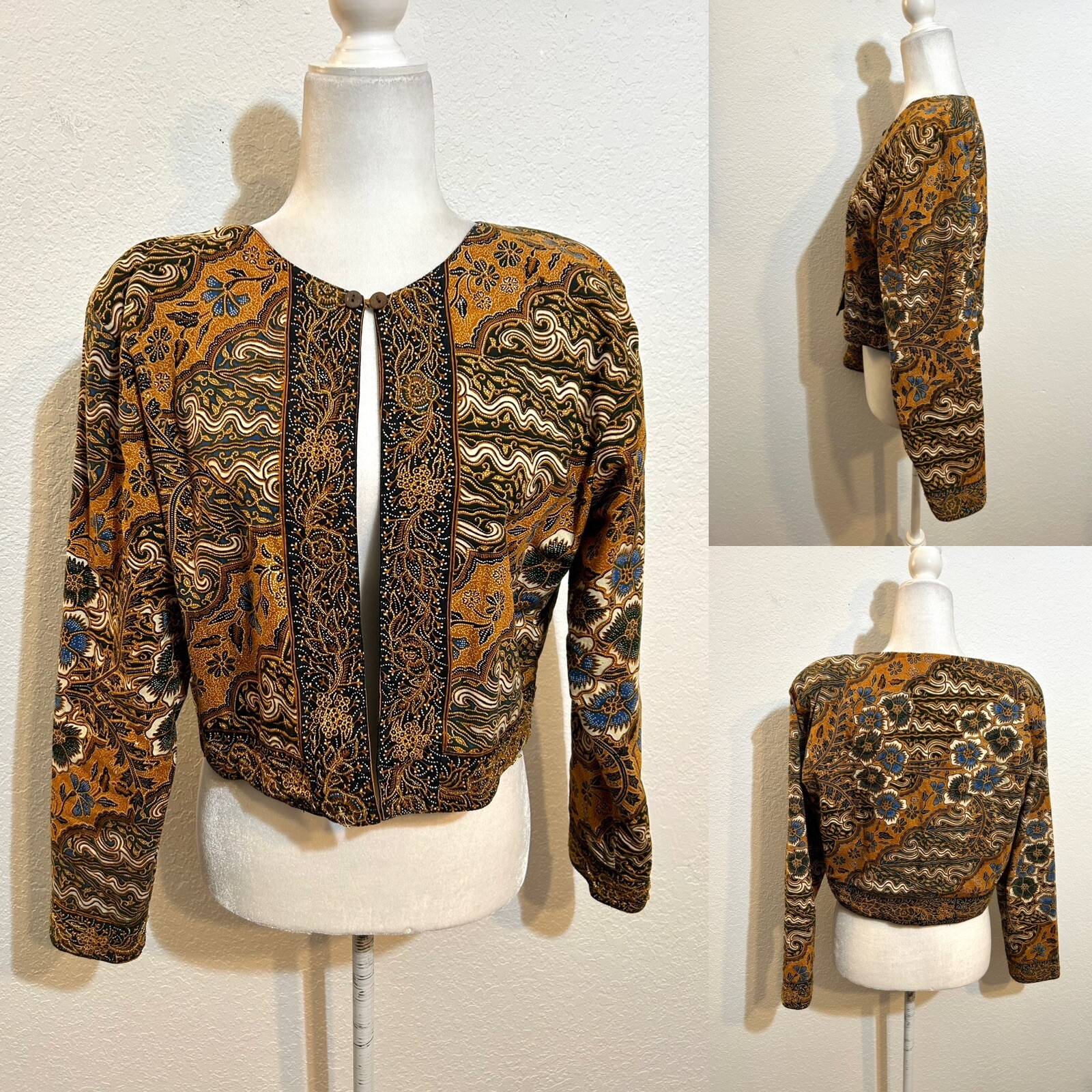 Vtg 80’s Passports For Pier 1 Brown/Multicolor Beaded Crop Bolero Jacket Wm Lg
