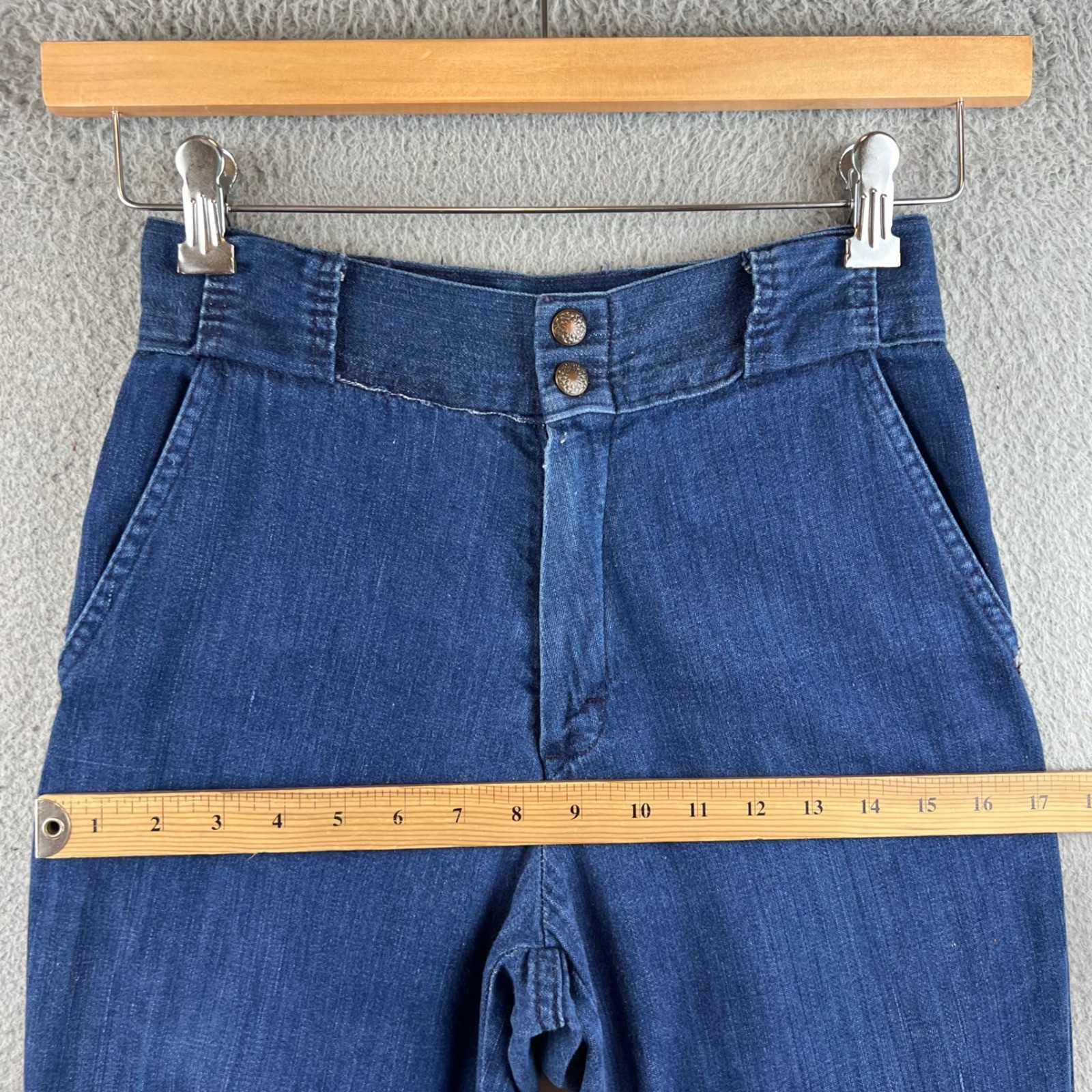 Vintage 70s High Waisted Flare Leg Denim Jeans Indigo Blue Wide Leg Trousers 26