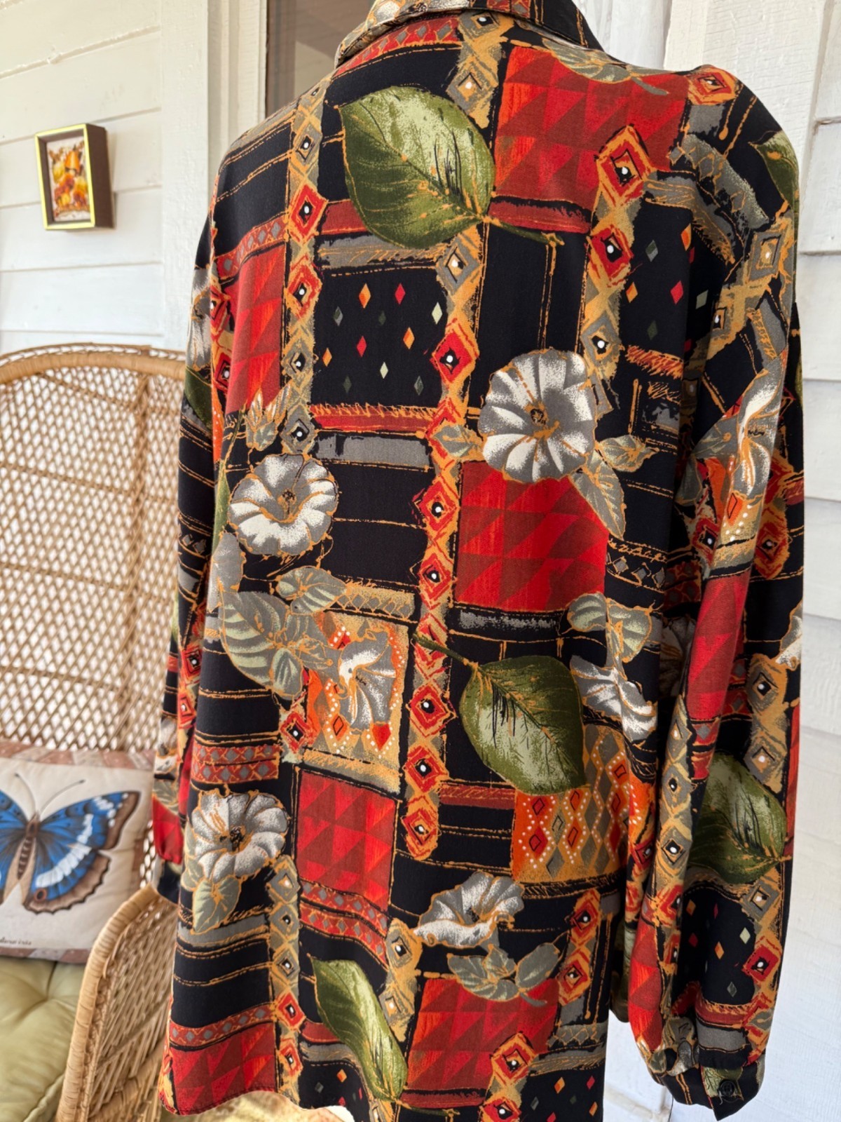 Vintage 80s Abstract Floral Oversized Rayon Long Button Blouse Size M/38