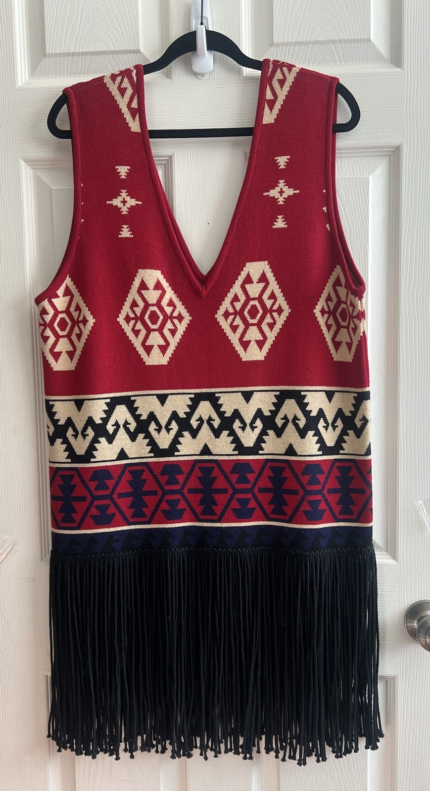 ANDREA JOVINE Vtg 80s Wool Aztec Blanket Fringe Sleeveless Sweater Dress Sz M