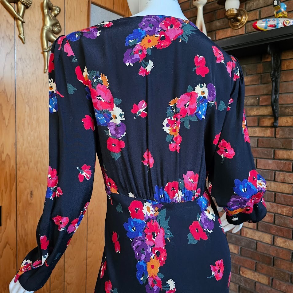 Vintage 80s does 40s Rayon Dramatic Floral Rayon Midi Formal Tea Party Dress M/L