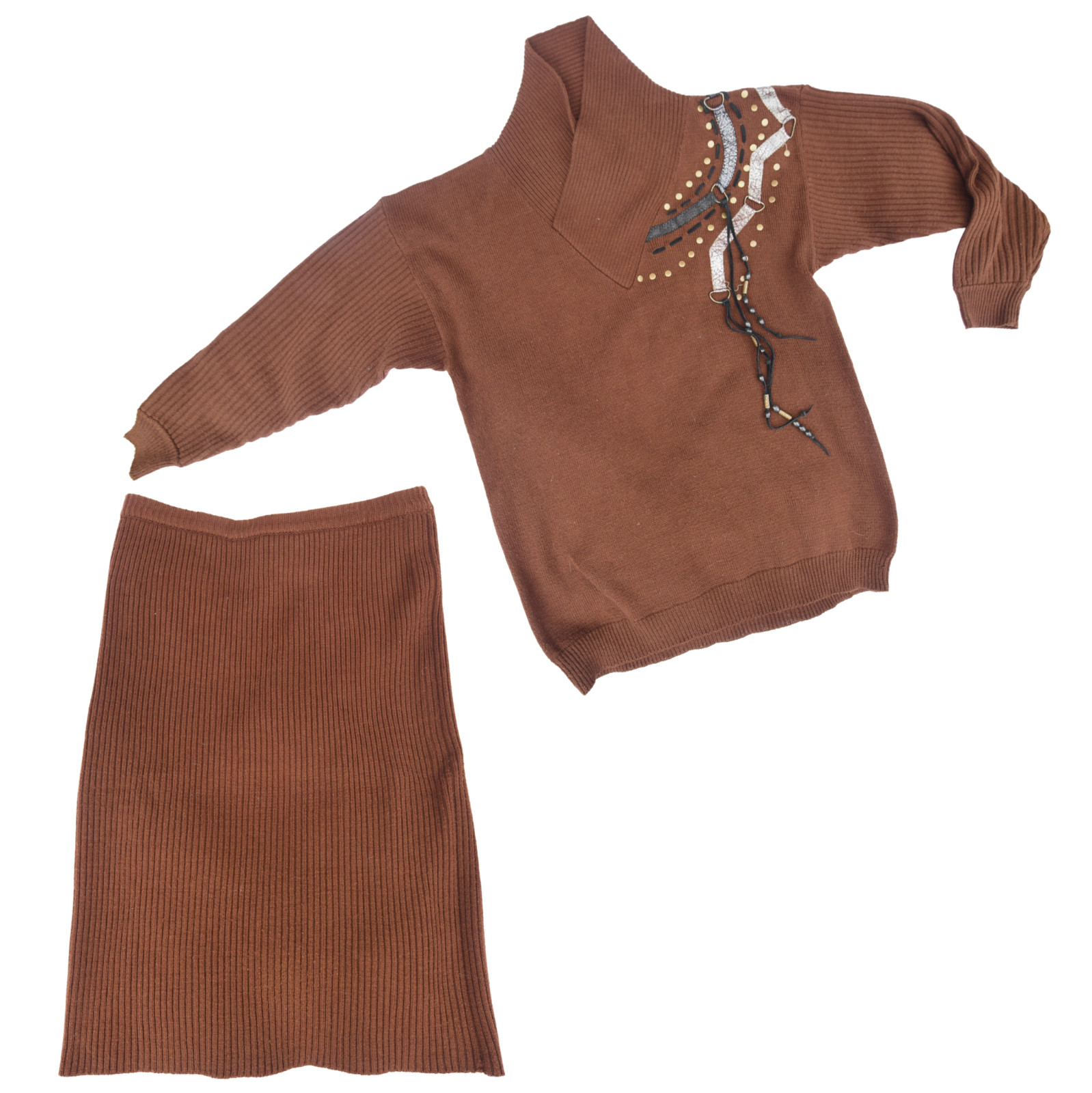 Vintage 80s Moonglow Knits Sweater Skirt Set M Brown Embellished Studs Wool Blen