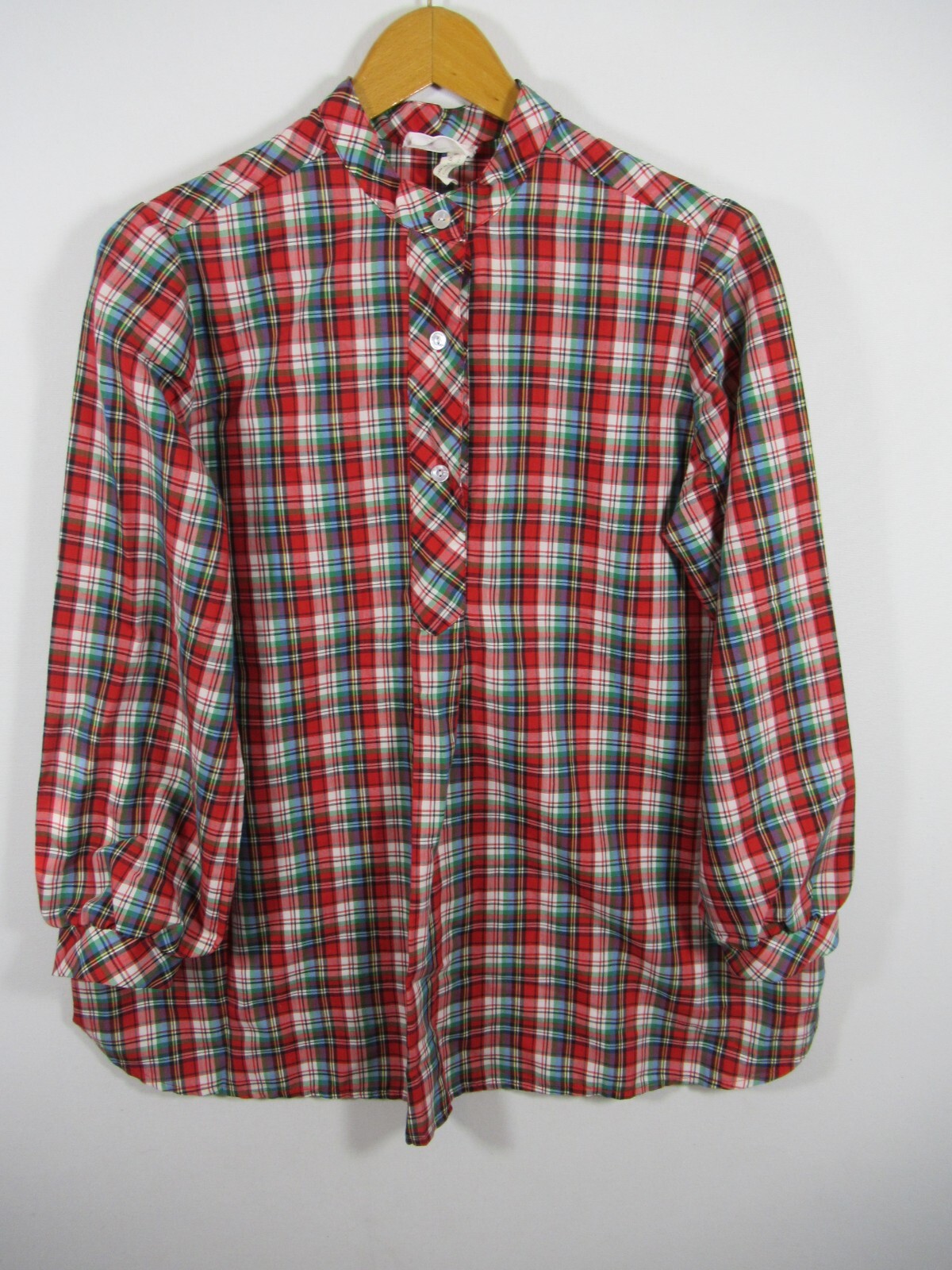 Vintage 50s 60s Paulette Red Plaid Tunic Blouse Women Lightweight Band Collar