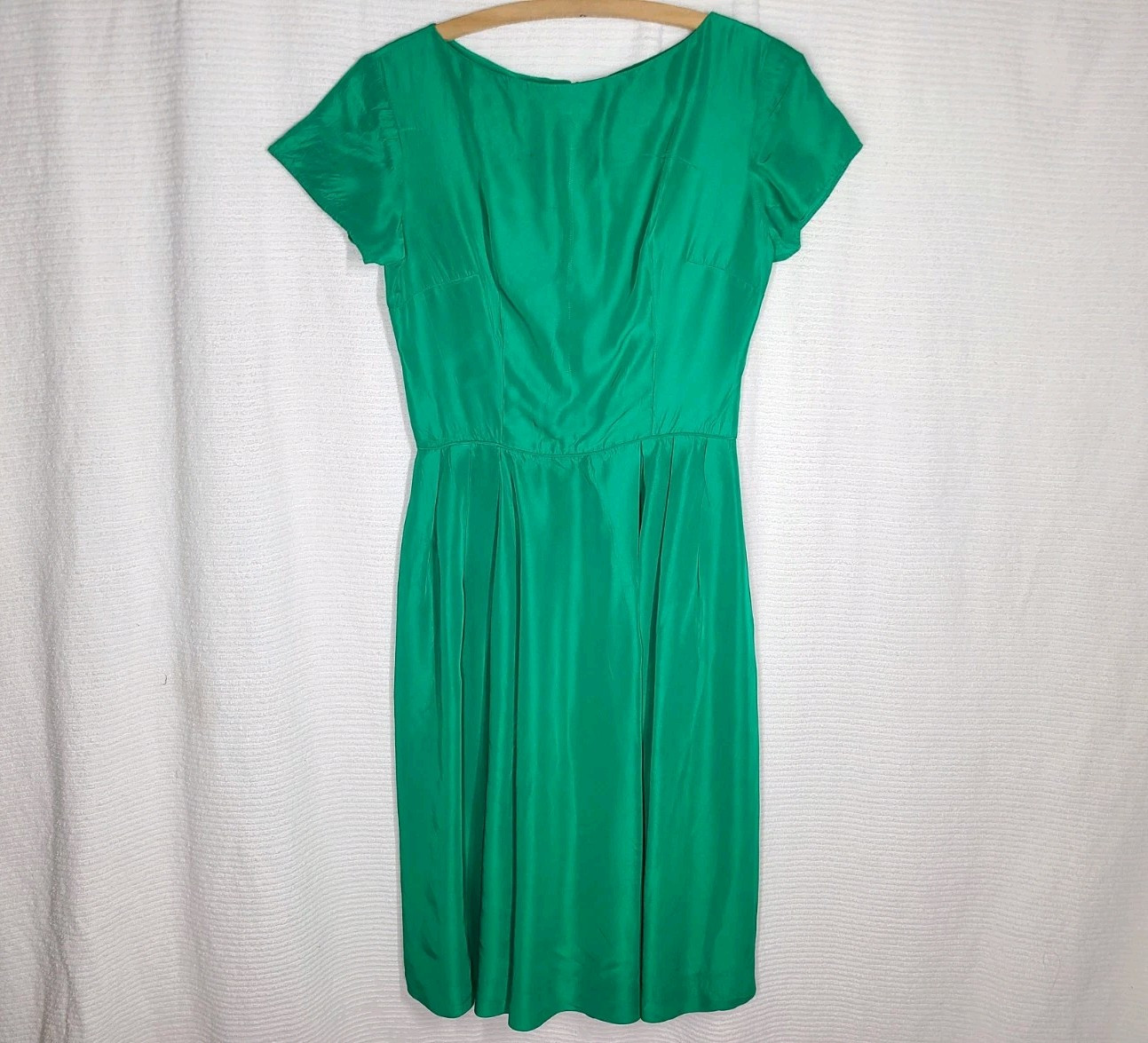 Vtg 60s Emerald Green Portrait Collar Dress Metal Zip Full Pleat Skirt Rayon 27w
