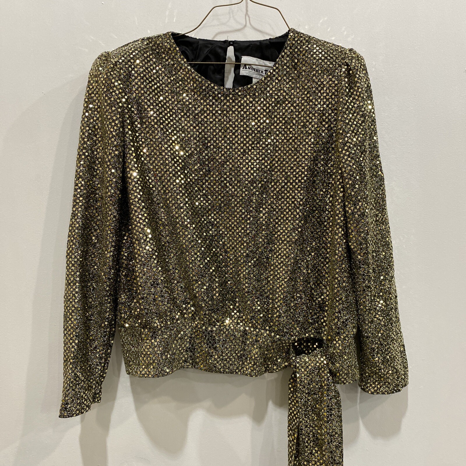 Vintage By Another Thyme Blouse Size 8 Full Sequins Gold Toned waist tie Sparkly