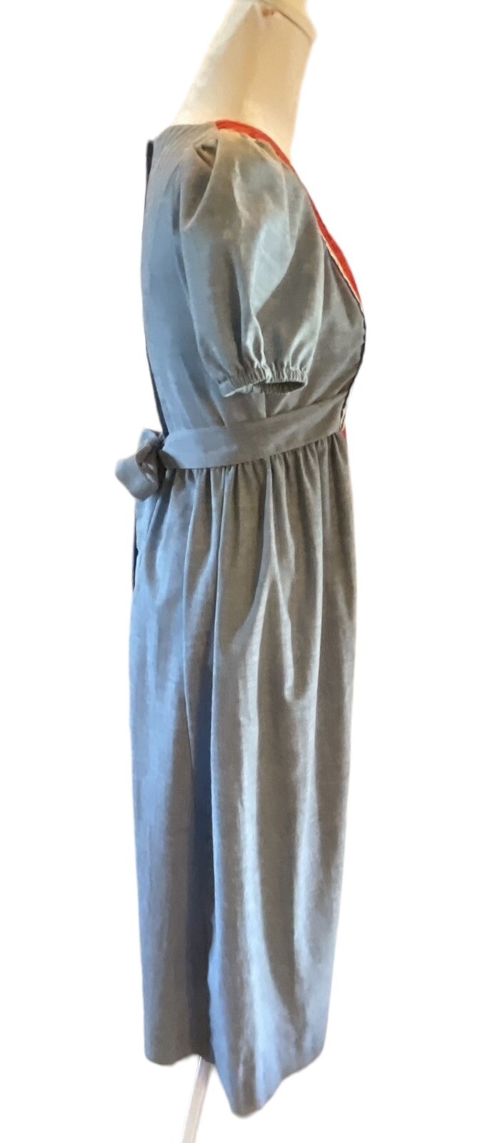 VINTAGE Joy Stevens CA boho maxi dress Blue Red Pinafore Lace Crochet Puff 3/4