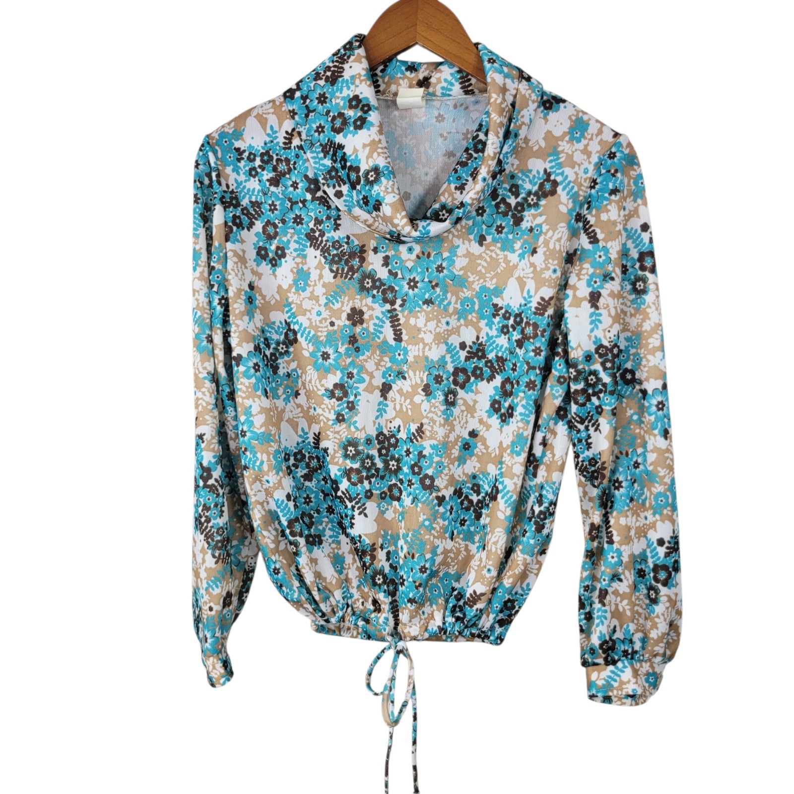 Vintage 70s Top size Small Medium Cowl Turtle Neck Floral Stretch Cinch Waist