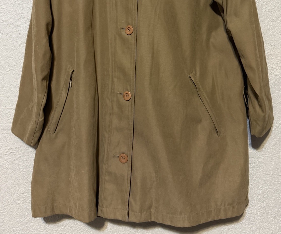 Vintage Women’s Khaki Trench Coat Button Up Vented Zip Pockets Hooded NO Liner