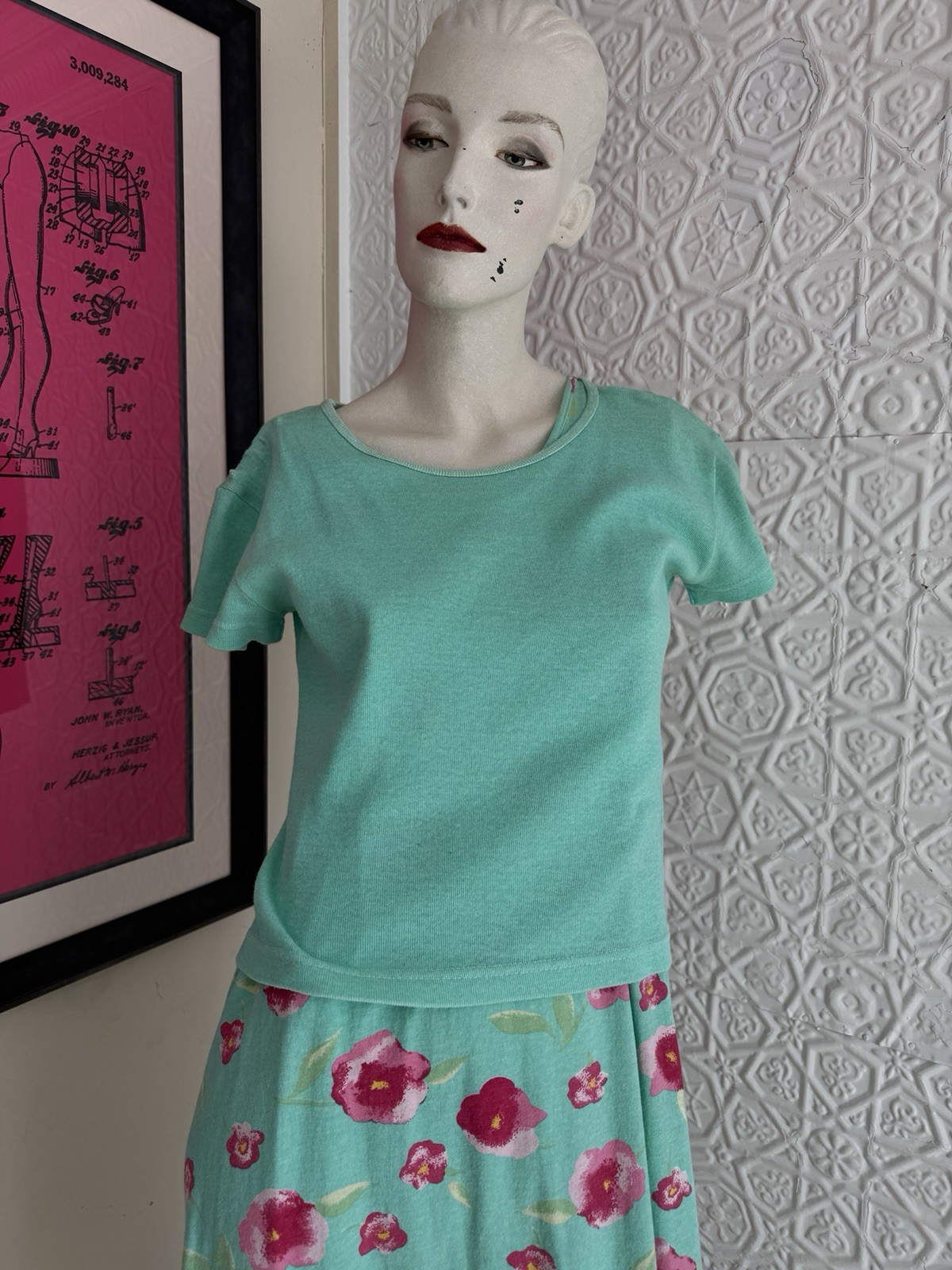 Vintage 1990s Dress Set-Knit-Floral-Spring-Cottage Green Pink-T Shirt-Tank-M