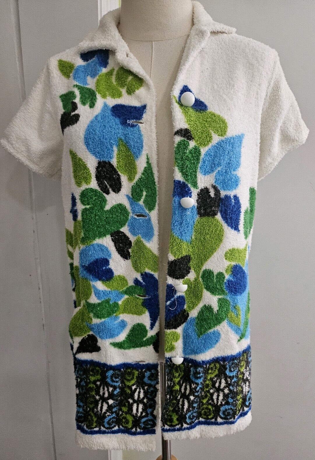 Vintage 60s Terrycloth Beach Coverup Bright Blue Green Unique Design S/M