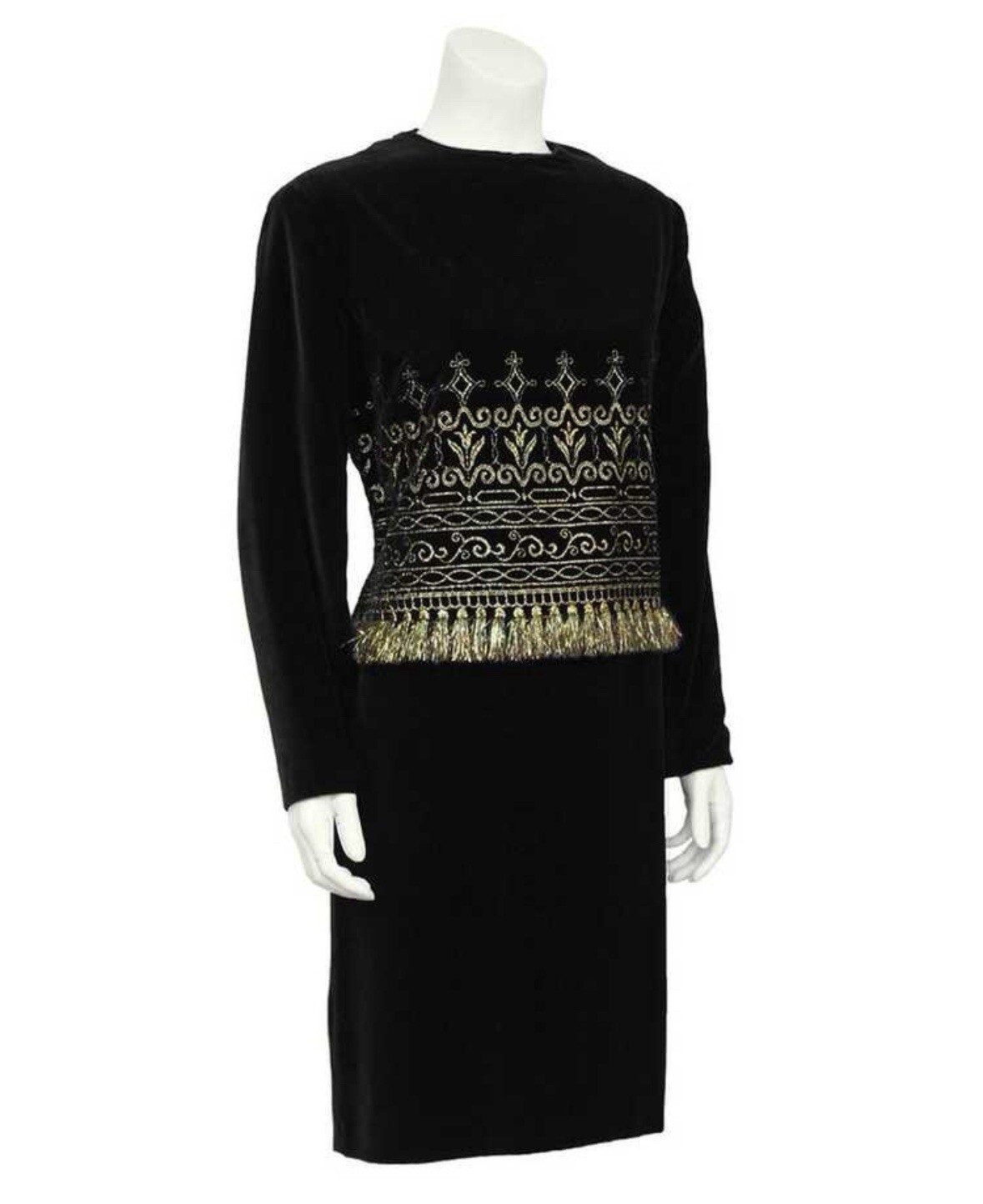 RARE VTG Designer Zandra Rhodes Black Velvet Cocktail Dress Gold Metallic XS S