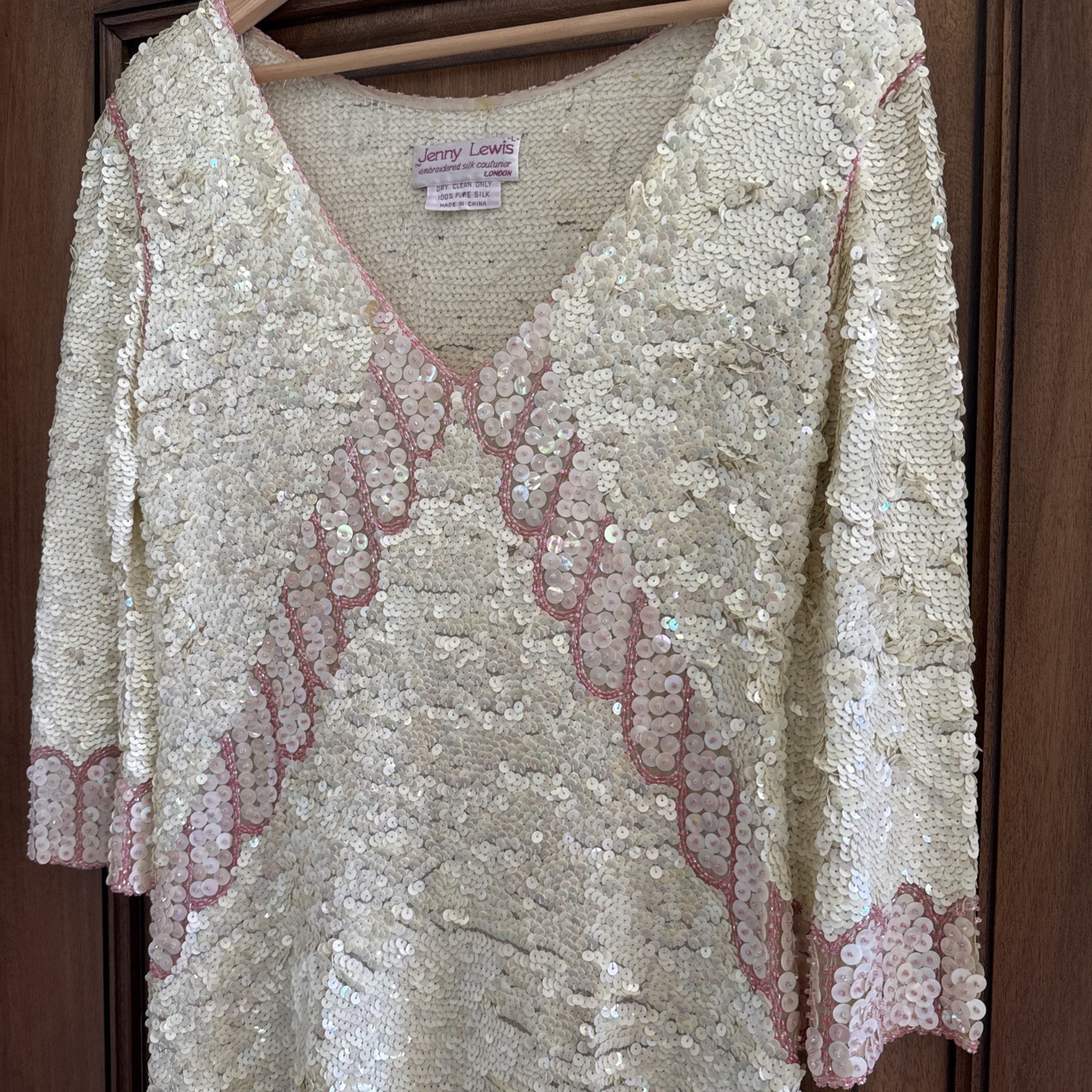 Vintage 80s Jenny Lewis London 100% Silk Sequin Dress Art Deco Handkerchief Hem