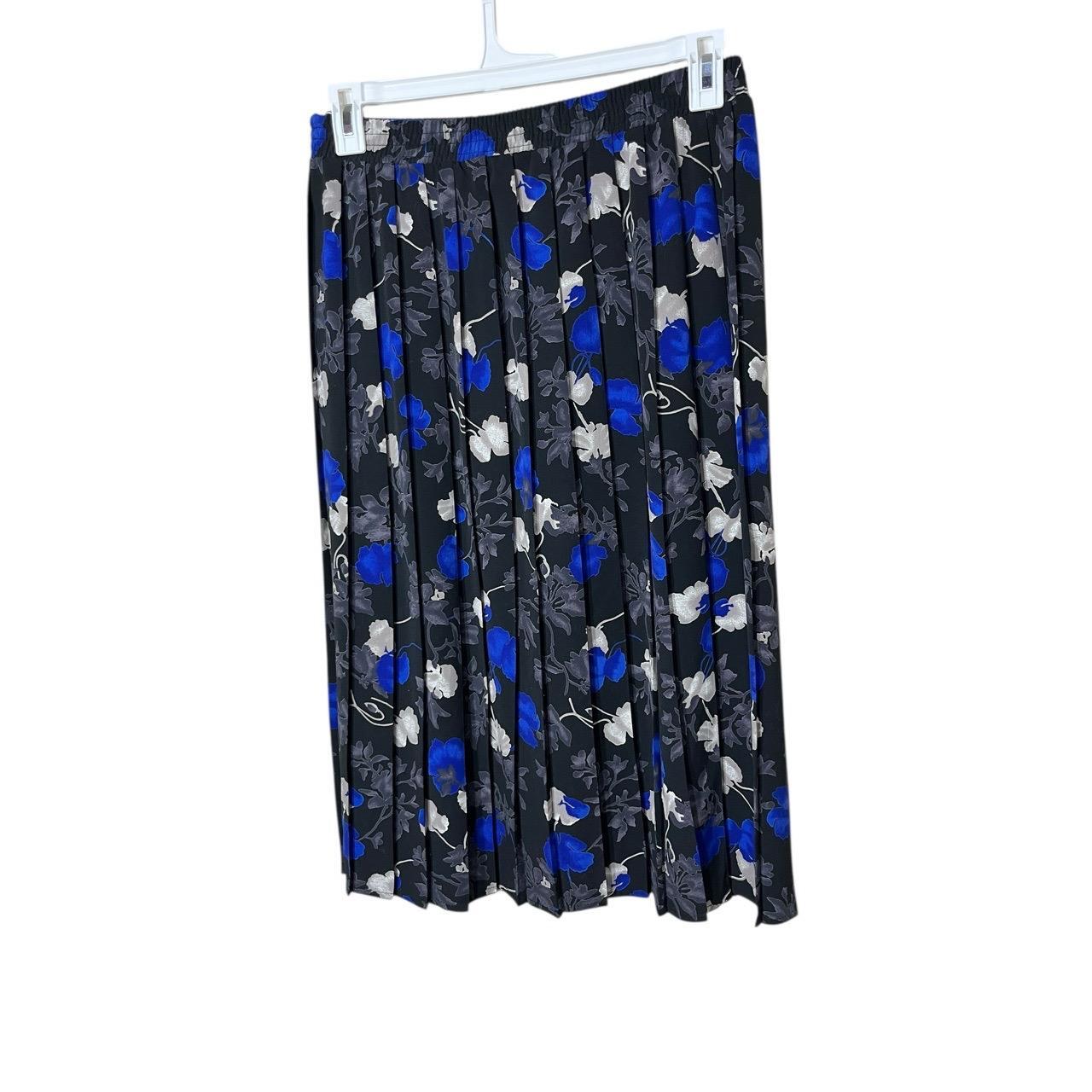 TanJay Black Blue Floral Print Pleated Vintage Midi Skirt Made In Canada Size 12