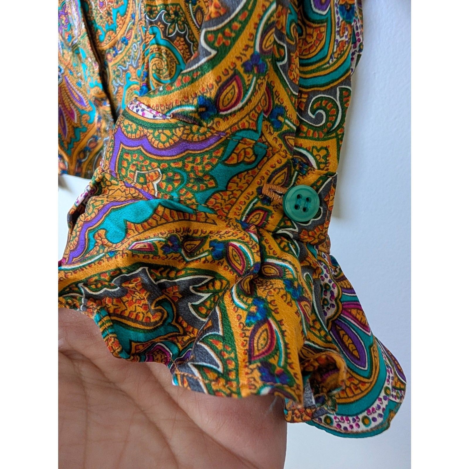 Vintage 90s Silk Paisley Blouse Size 8 Jewel Tone Boho Luxe Button Front Top
