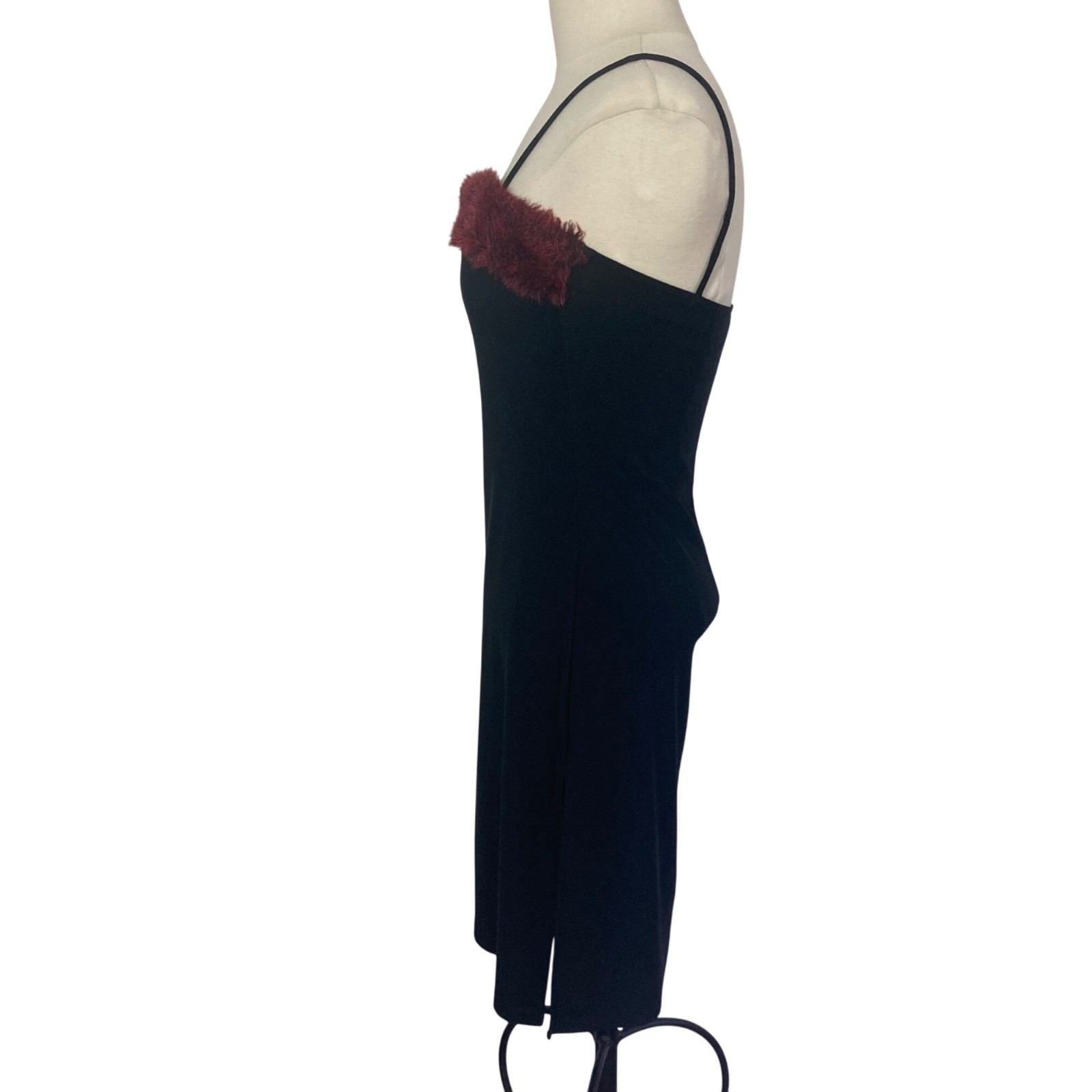 Vintage 90s Y2K Misope Mini Dress Black Medium Burgundy Faux Fur Trim USA Made