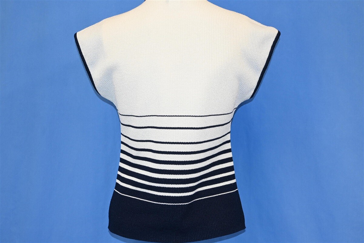 vintage 70s STAGE 7 BLUE WHITE STRIPE RIB KNIT POLY SLEEVELSS SHIRT WOMEN’S M