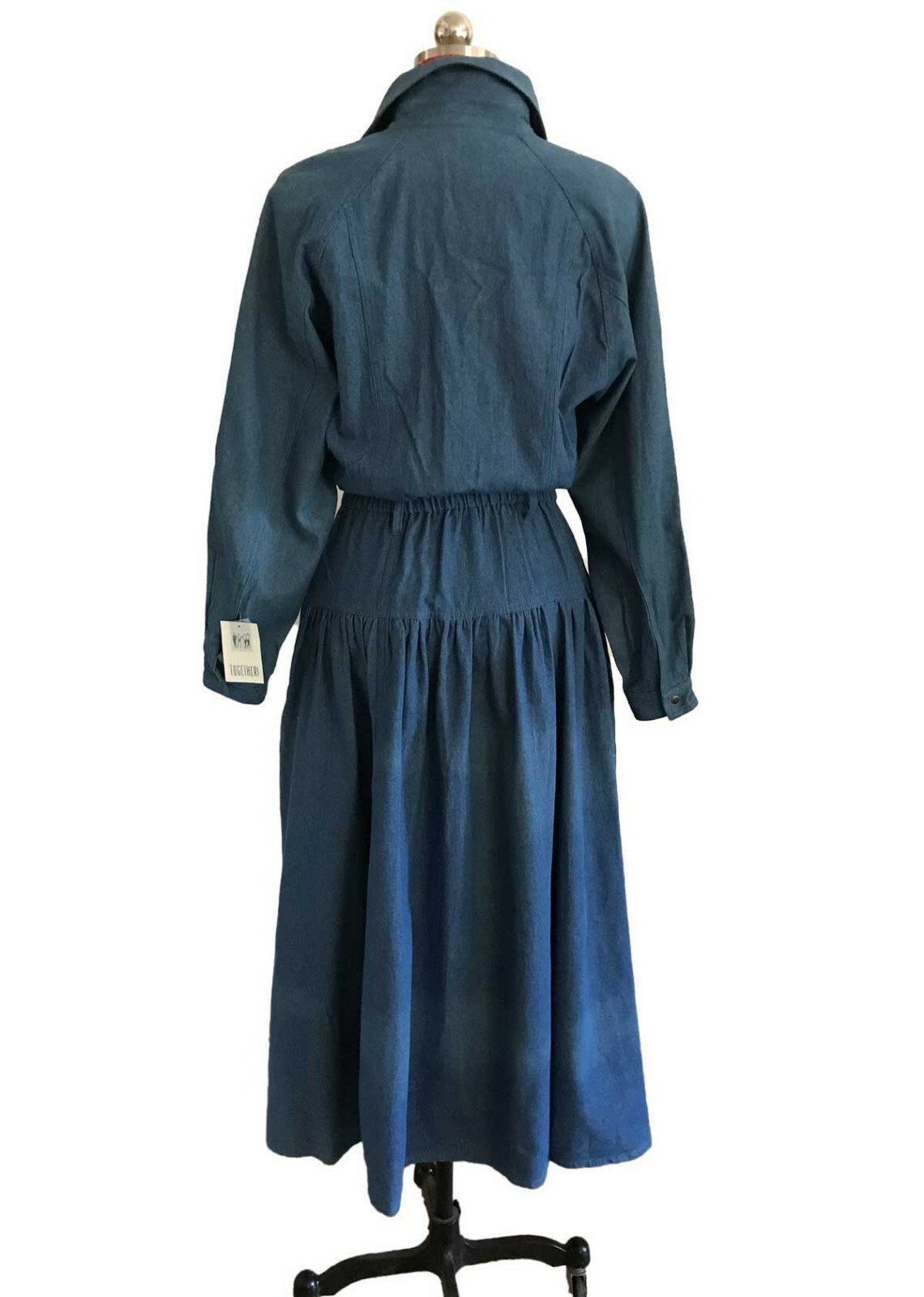 Vtg 80s Cowgirl Dress TOGETHER! Denim Button Front Lace Insert Wide Sweep tag 8