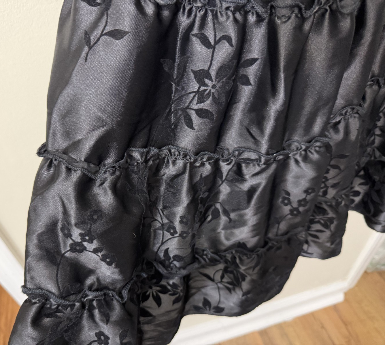 Vintage Y2K 90s Glam Satin Babydoll Slip Midi Dress Whimsigoth Floral Black L