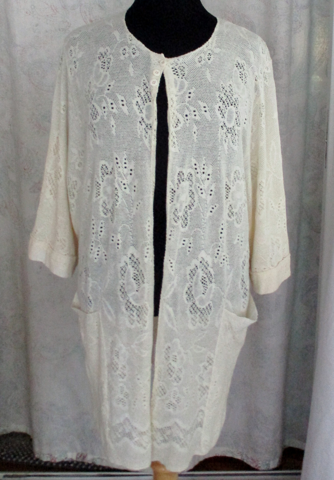 VTG Lace MED Crocheted Open Front Jacket Light Coverup w/ Pockets Made in France