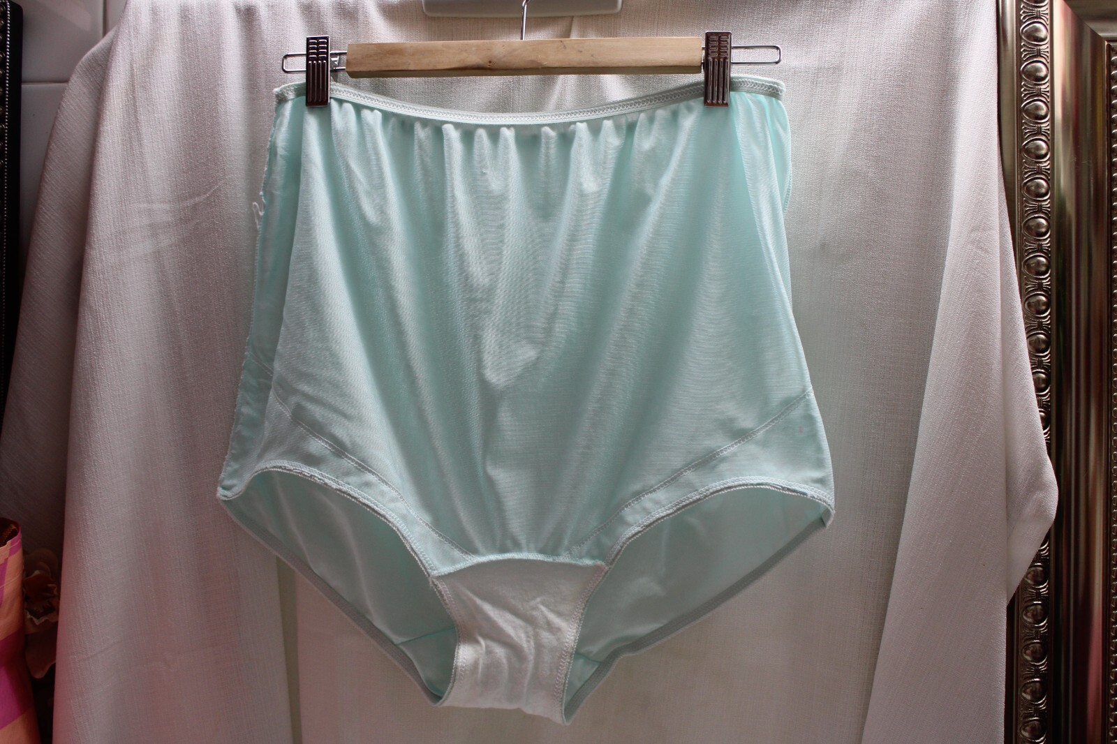 Vint. Sissy Nylo/Spand Baby Green Brief High Waist Tummy Control Silky Panties10