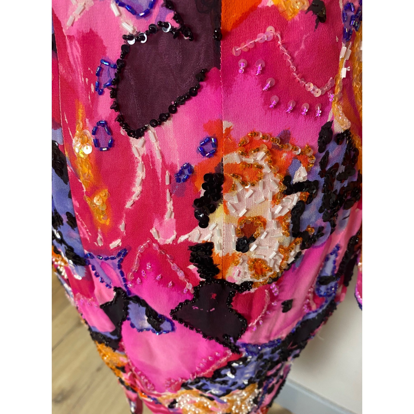 Vintage Miss Jackson Silk Beaded Sequin Dress Pink Abstract Floral Deep Back 8