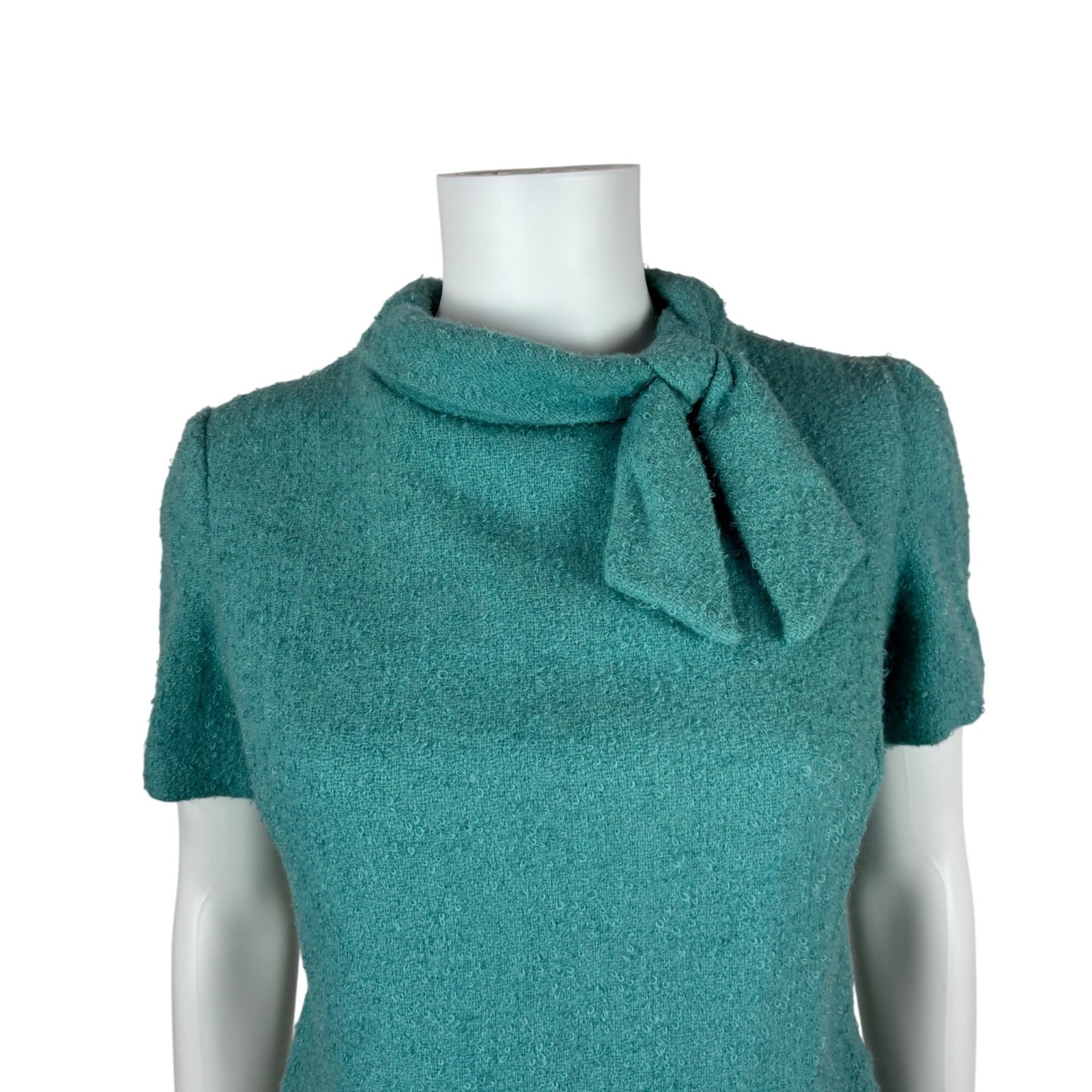 Vintage 60s Blue Suit Set Womens XS Bouclé Top & Skirt Bow Collar Mid-Century