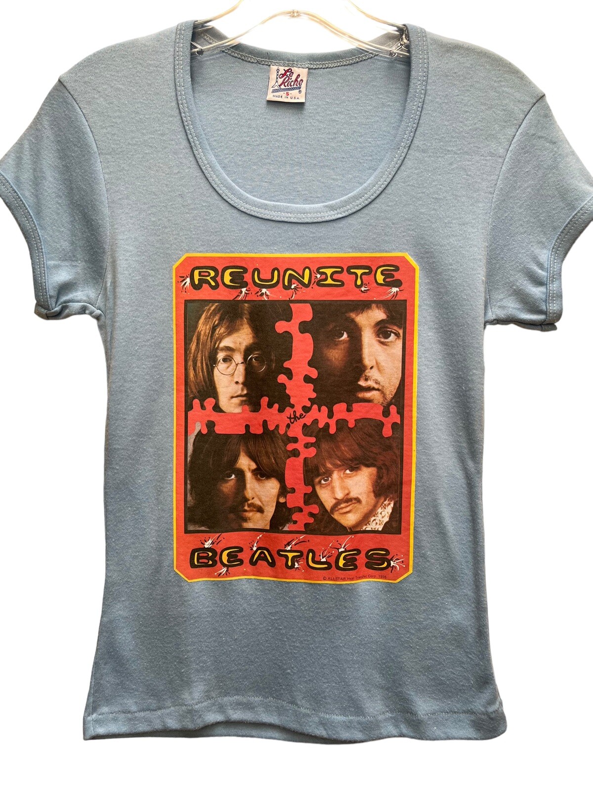 VTG BEATLES Reunite 1976 Tee T shirt Top Women Blue French tee Size Small