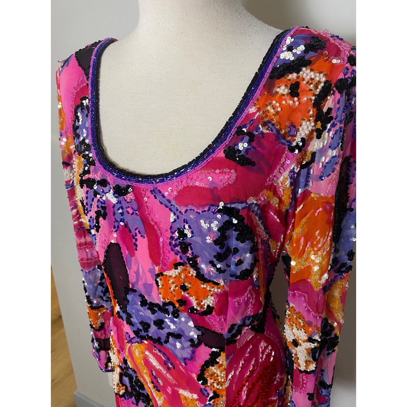 Vintage Miss Jackson Silk Beaded Sequin Dress Pink Abstract Floral Deep Back 8