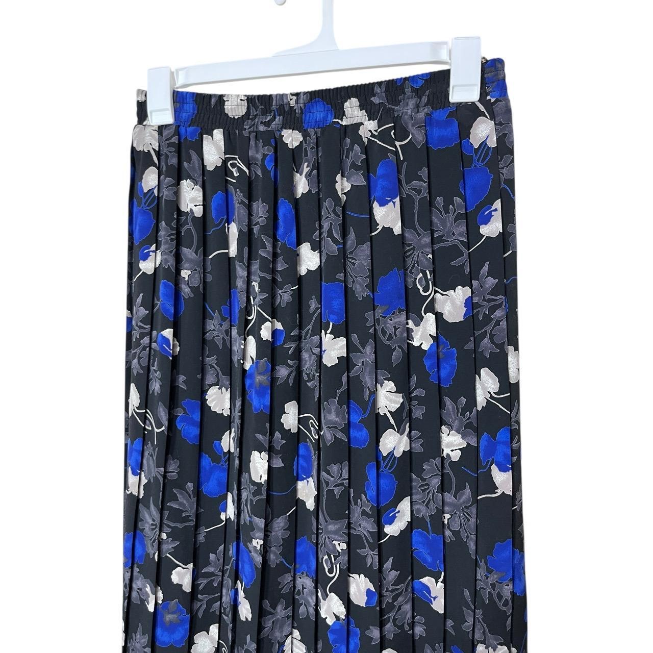 TanJay Black Blue Floral Print Pleated Vintage Midi Skirt Made In Canada Size 12