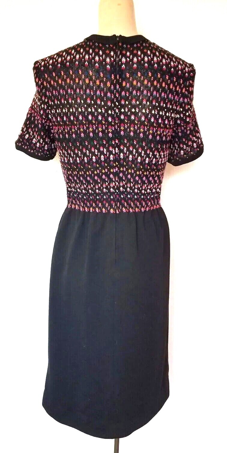 Vintage 70s LF PETITE LESLIE FAYE Black & Multicolor Knit Portion Dress Size S