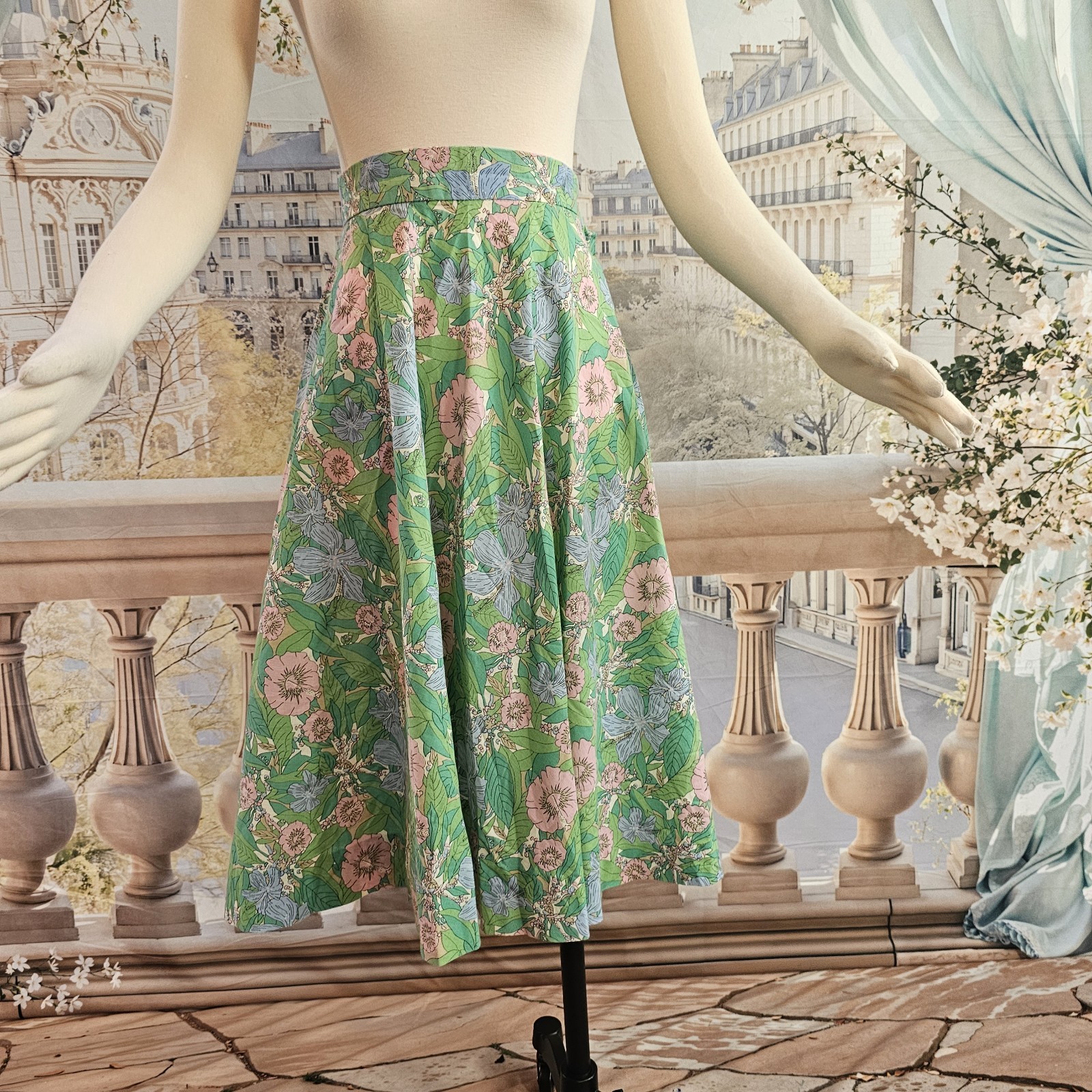 Vintage 1960’s Skirt Midi Skirt Green Pink Blue Floral Retro
