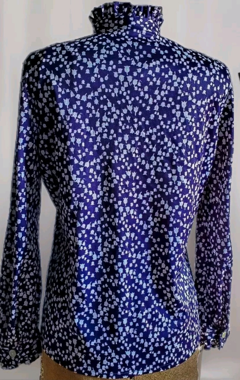 VTG 70s Jersey Blouse Dark Indigo Blue w Pussy Bow, Lady of the Valley Pattern S