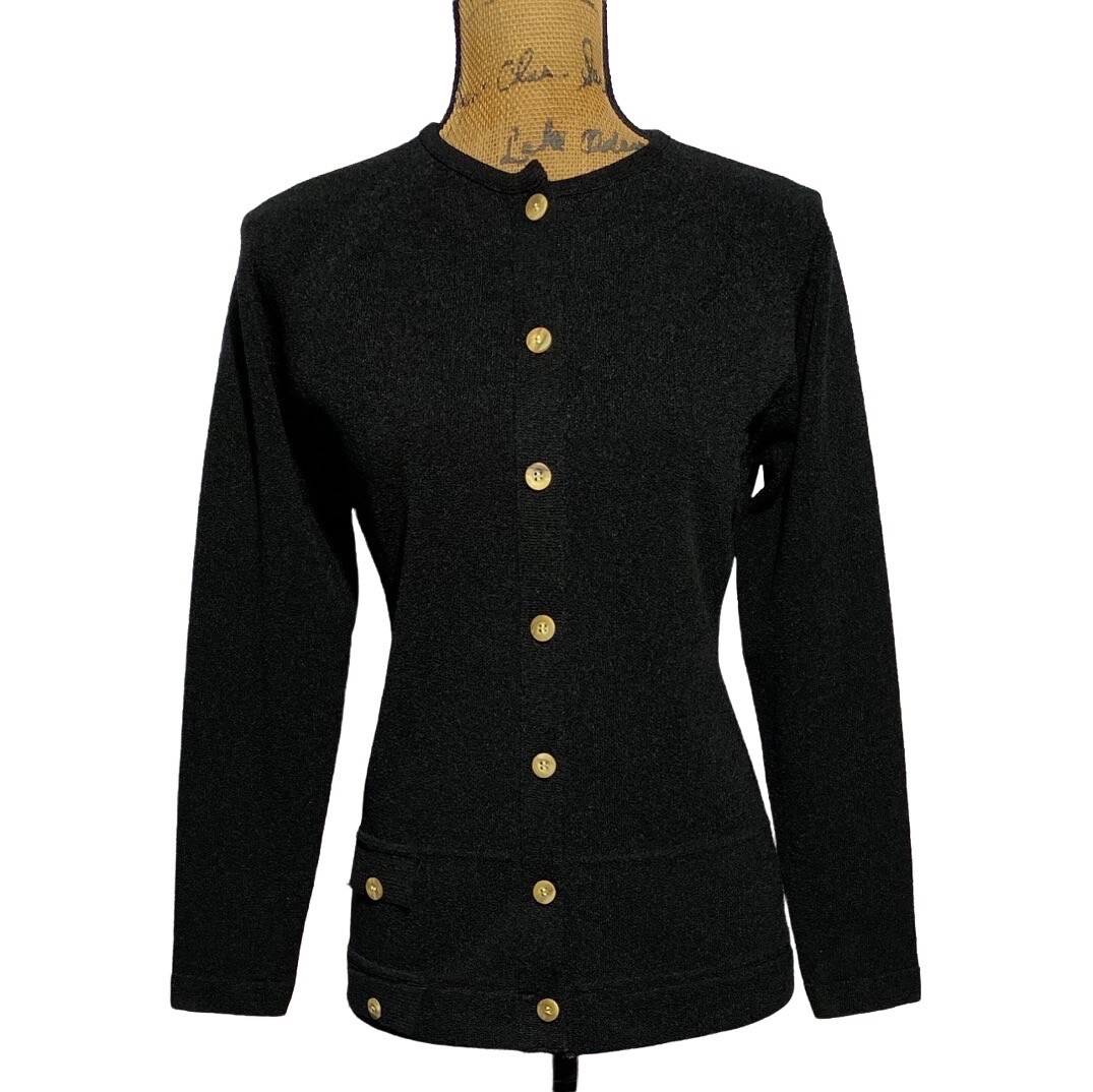 Talbott Traveler VTG Cardigan Lady Sweater Dacron Knit S M Solid Black Dacron