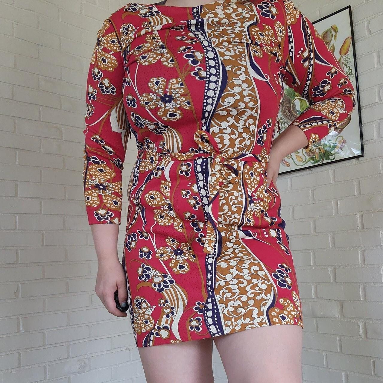 Vtg 60s 70s Dress Midi Size 14 Sacony Ciella Red Geo Floral Mod Gogo Disco