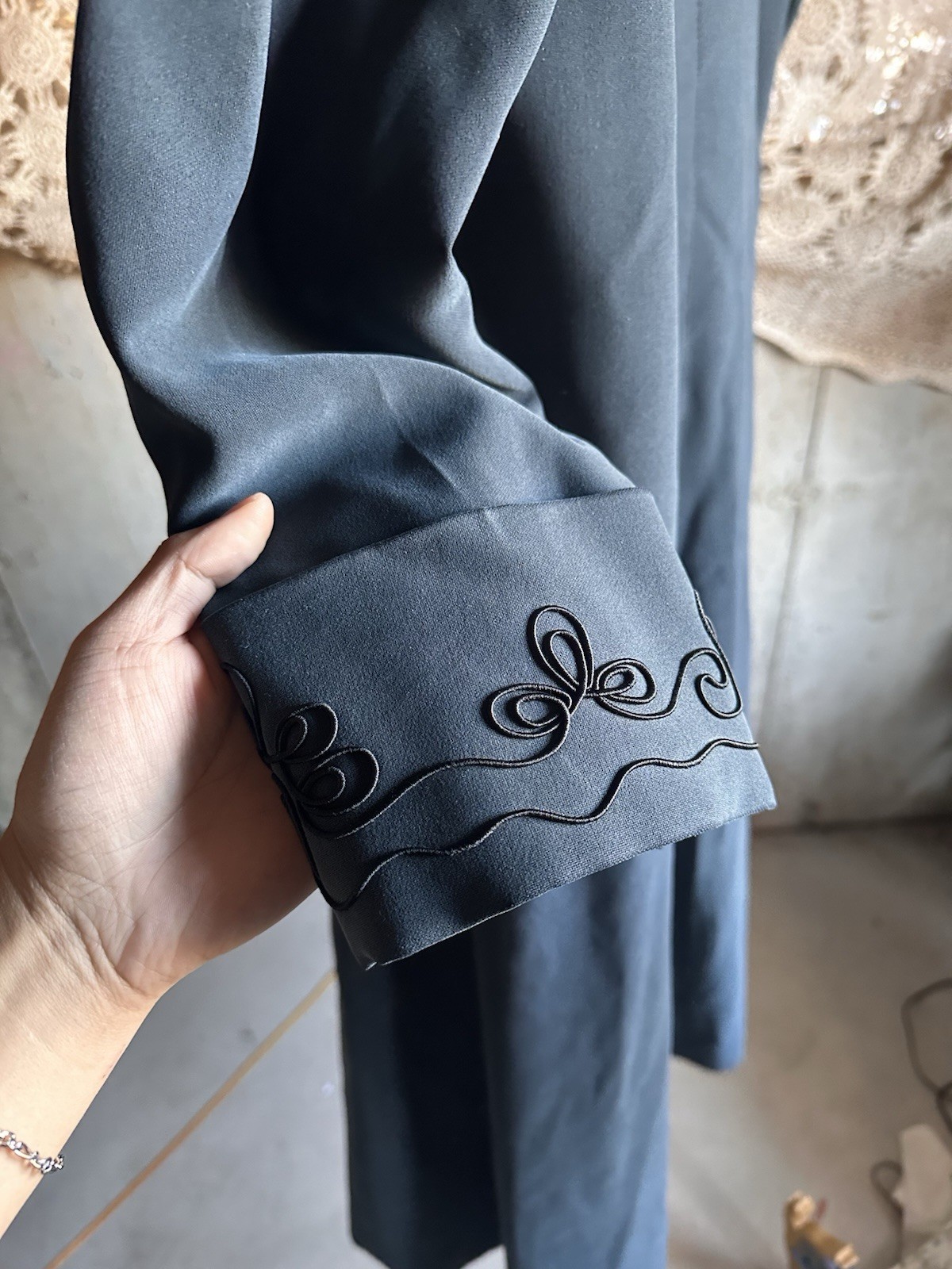Vintage 90s HANA USA Long Teal Coat Fur Collar Soutache Trim S