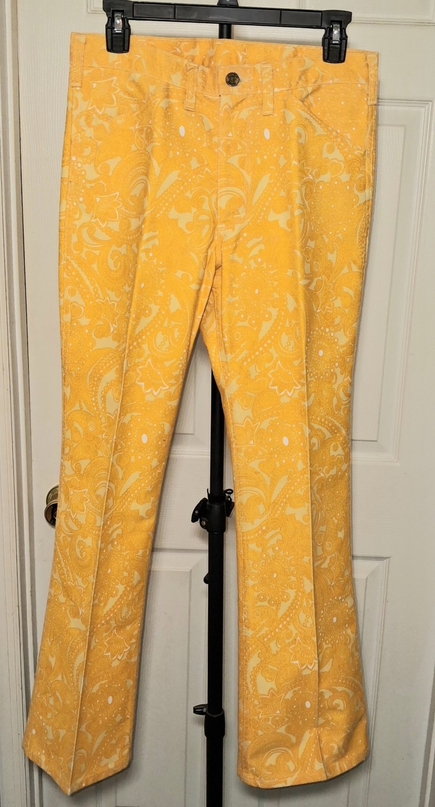 Vintage 70s Lee Prest Paisley Flare Pants Yellow USA Made 30×29 Bell Bottoms