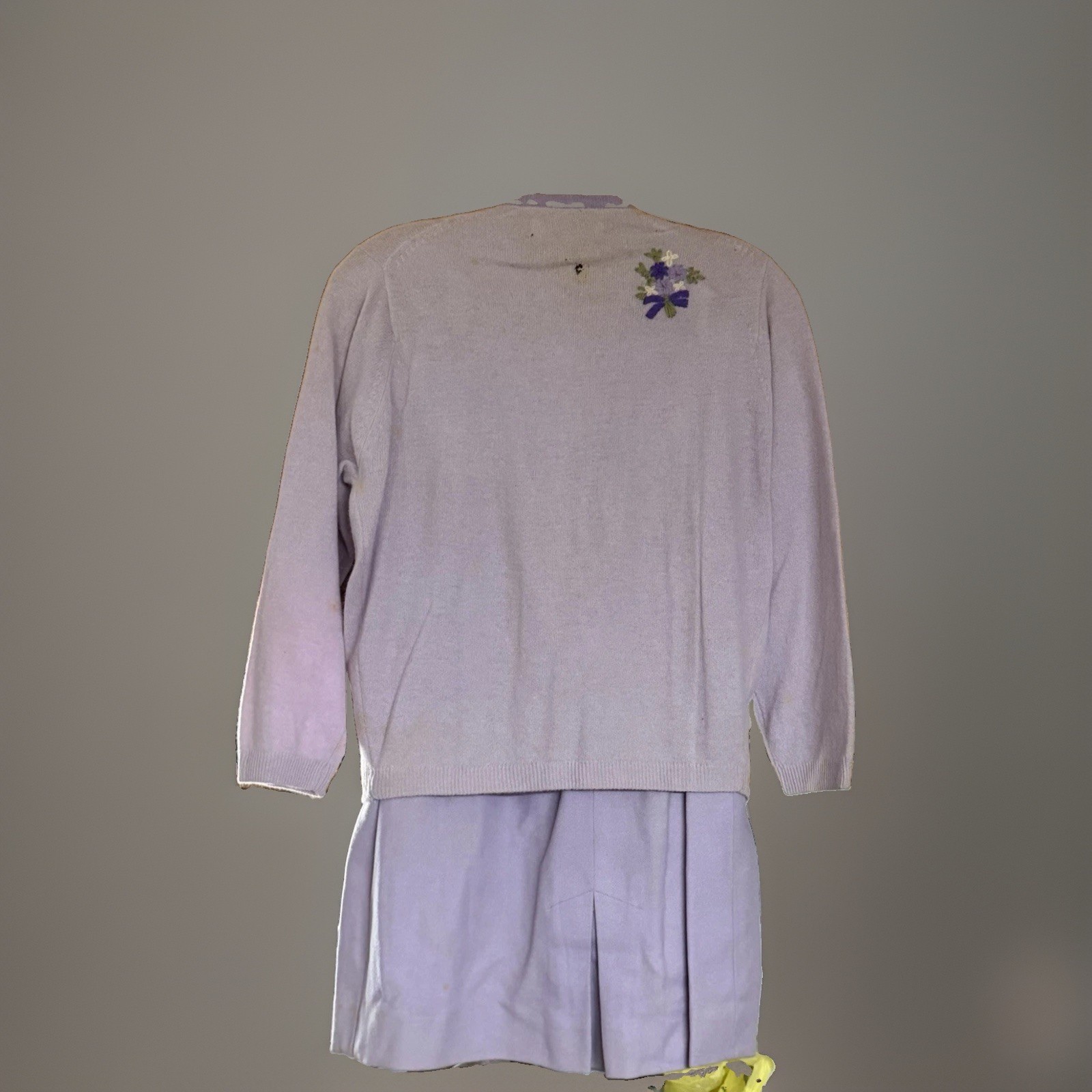 Vtg 60s Glanamere Lambswool Angora Embroidered Sweater Skirt Set Lilac 36 As Is