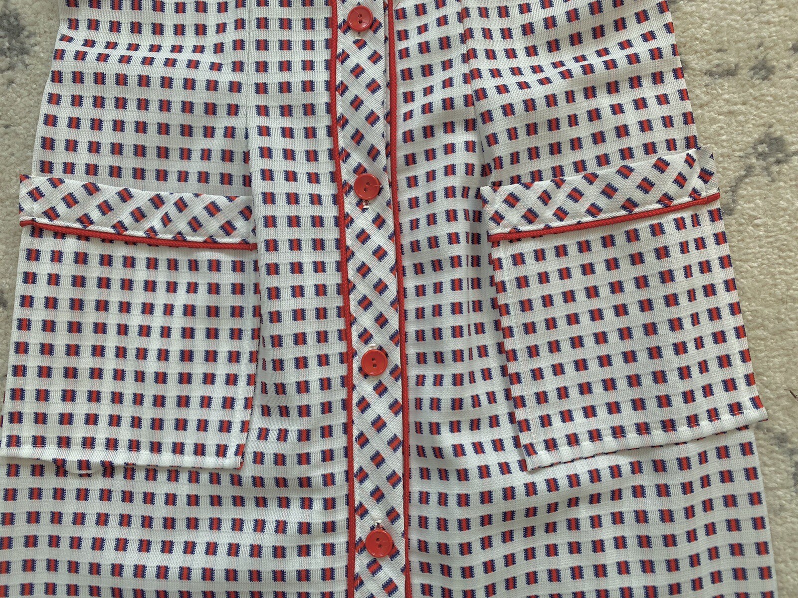 Vintage Summer Dress, 60s-70s Button Front w Pockets S/M, Red White Blue MCM