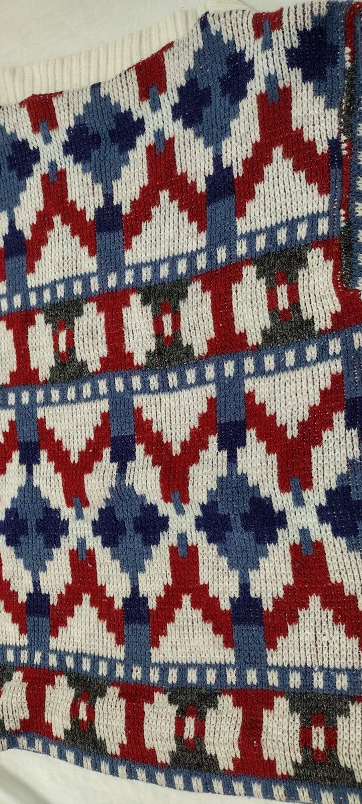 MCM Sweater Mid Century Holiday Burgundy Red White & Blues Mod Mock Neck Crew
