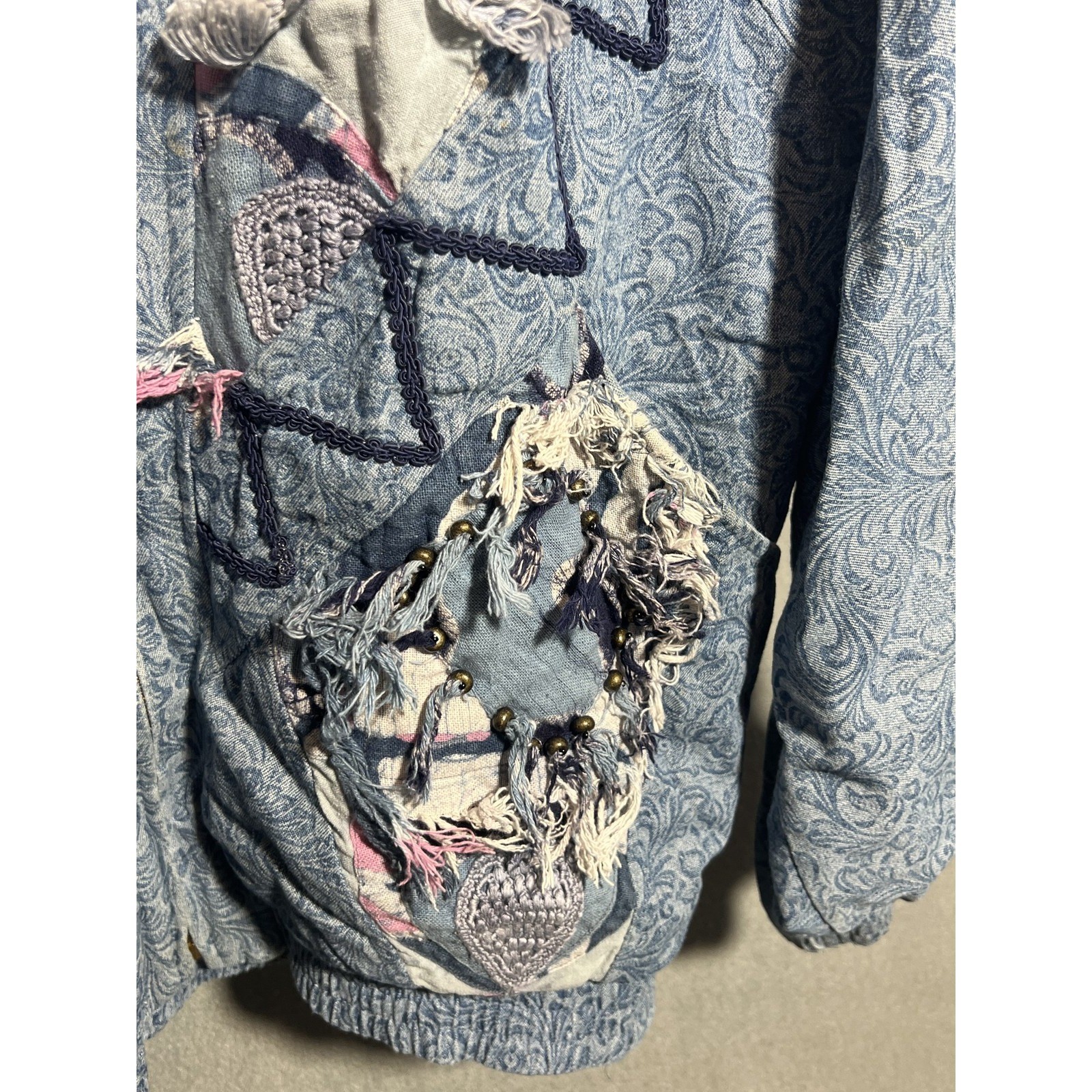 Vintage LIM’S Women’s Bomber Jacket 80s Denim Patchwork Embellished Art-to-Wear