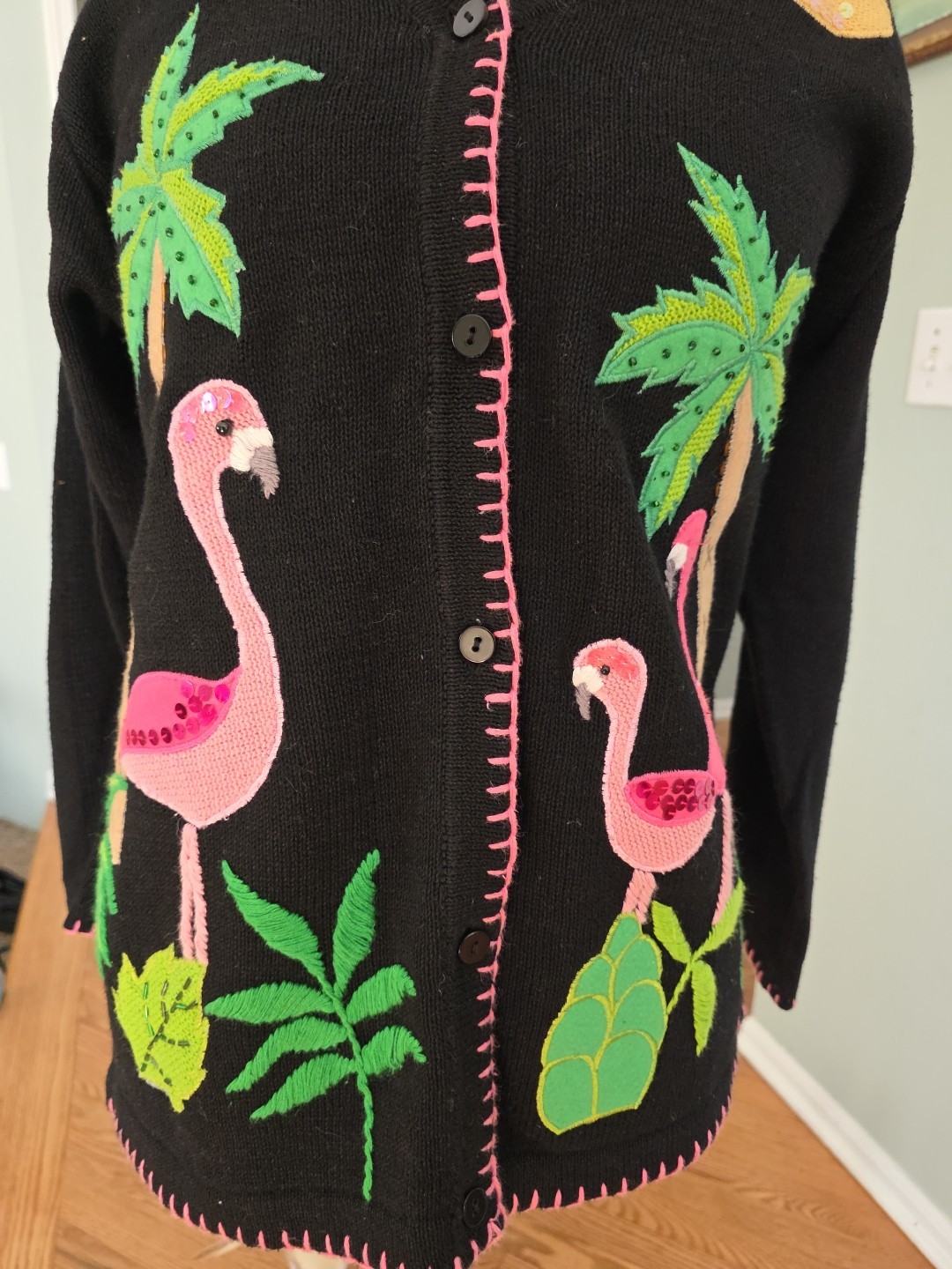 90s Vintage The Quacker Factory Embroidered Beaded Flamingo Cardigan Womens s