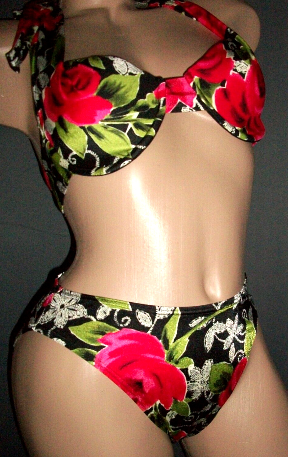 Vtg Newport News Black Rose Nylon Halter Bra Bikini 10