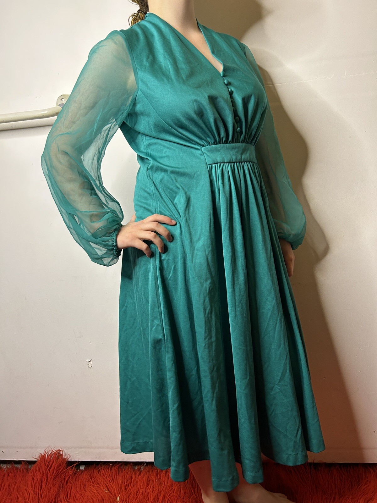 Vintage 1980s does 70s Teal Midi Caftan Dress Chiffon Sleeves Prairie Boho AU 14