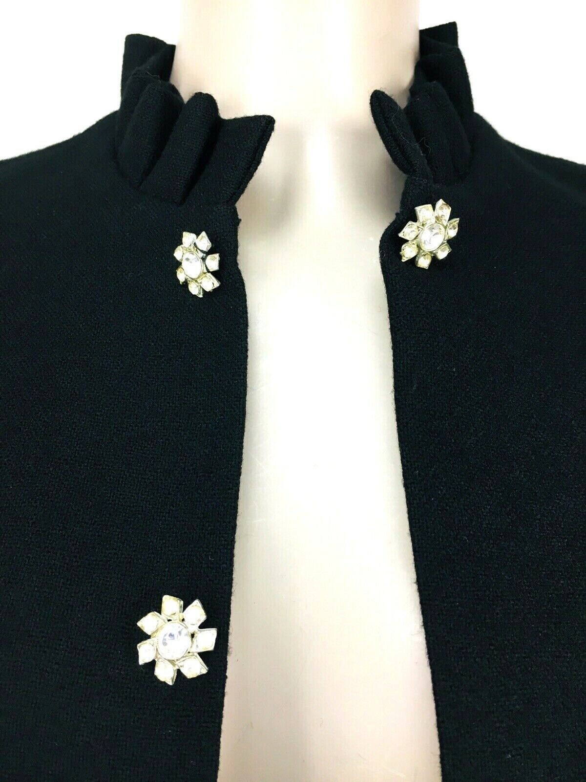 Vintage 70s C’est Simone Black Wool Jacket Rhinestone Detail Ruffled Neck Cuffs